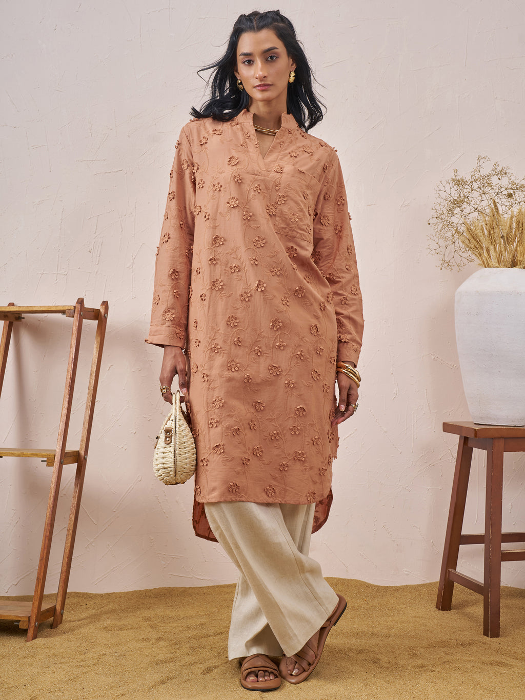 Vara By Vishudh Women Brown Embroidered Straight Kurta - Brown - Image 1