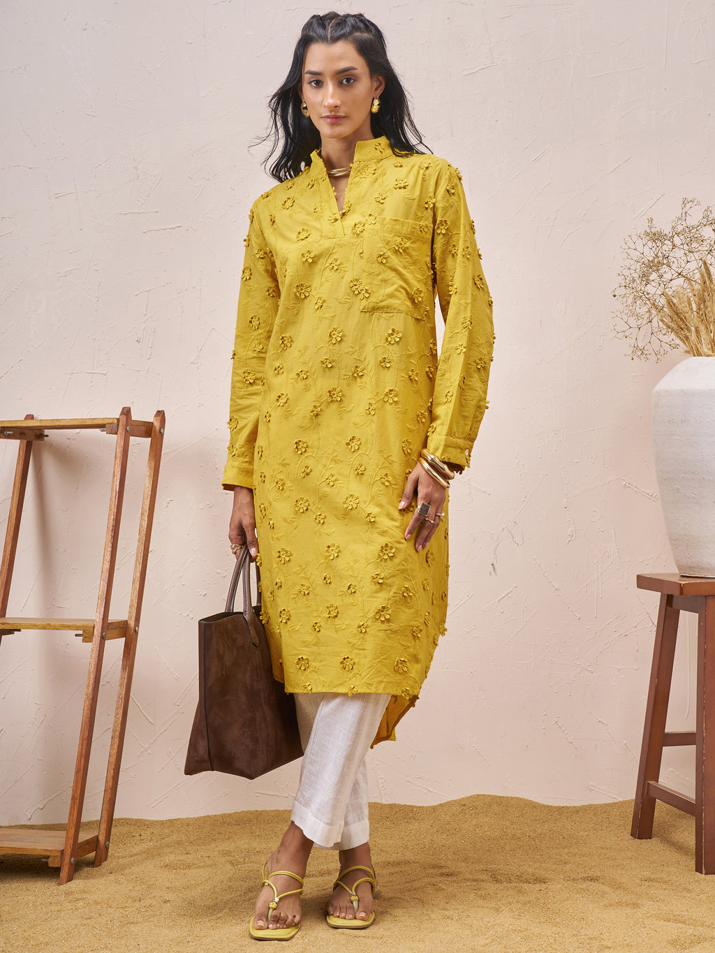 Vara By Vishudh Women Mustard Embroidered Straight Kurta - Mustard - Image 1