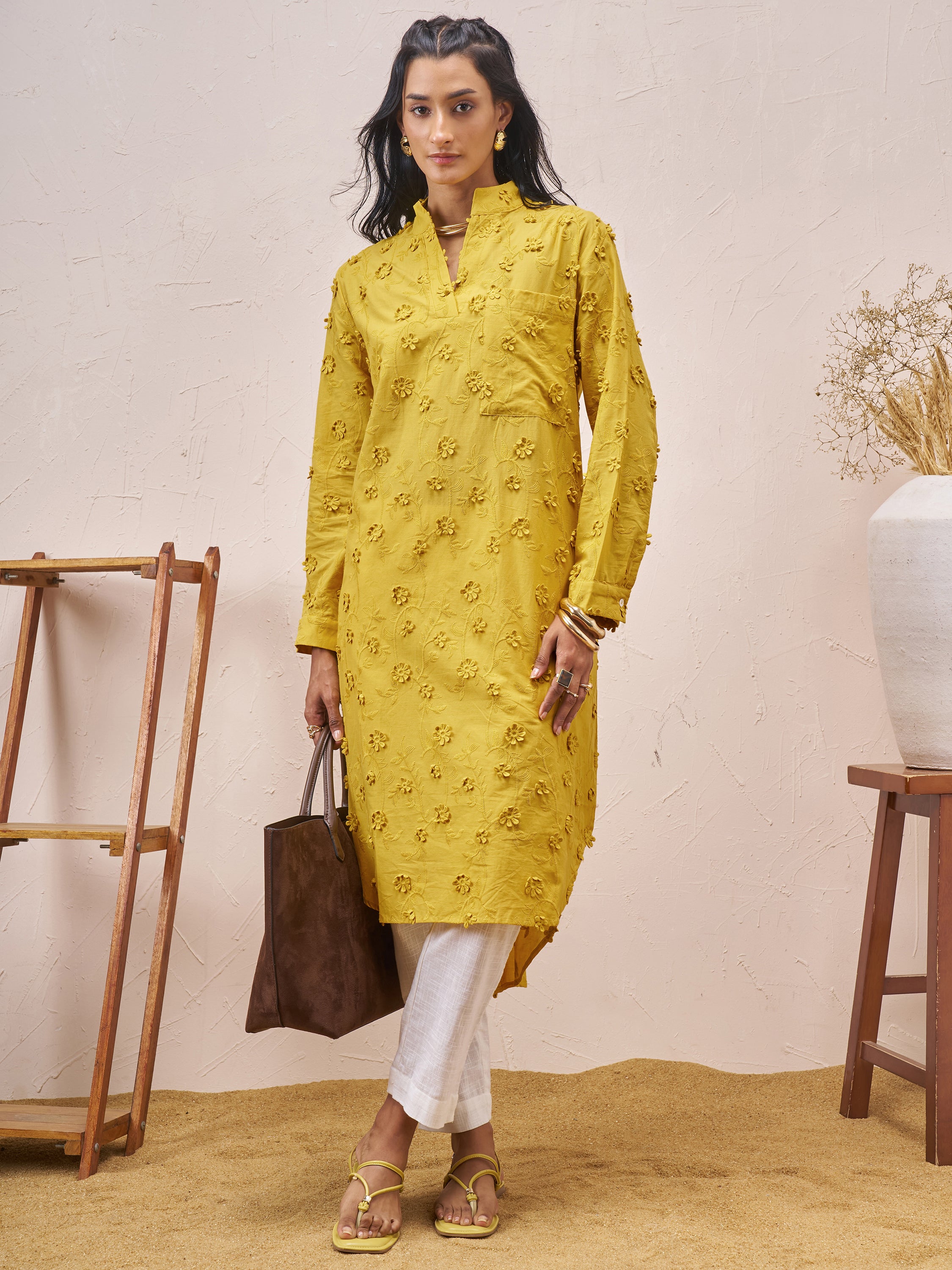 Vara By Vishudh Women Mustard Embroidered Straight Kurta - Mustard - Image 1