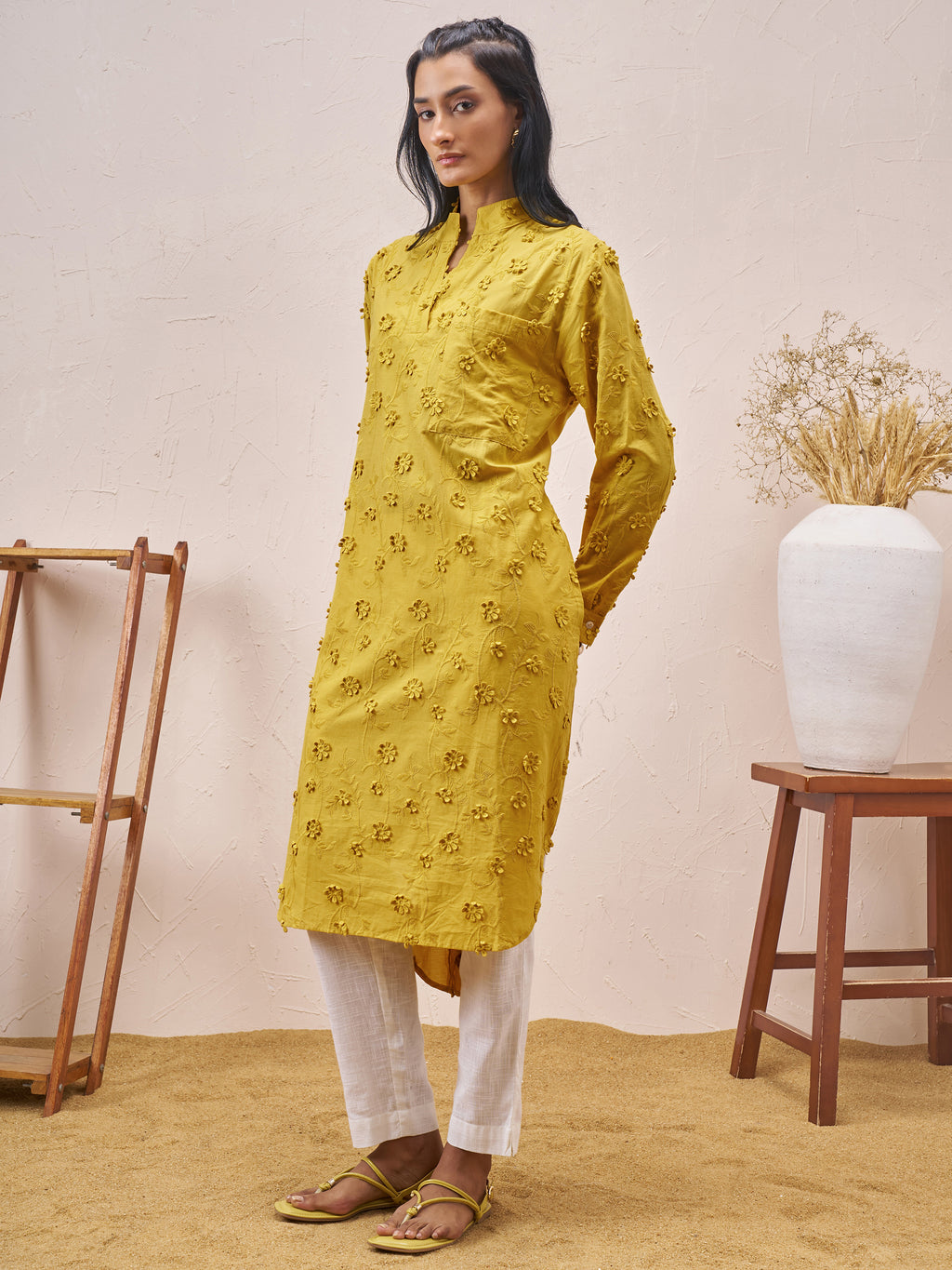 Vara By Vishudh Women Mustard Embroidered Straight Kurta - Mustard - Image 2