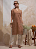 Vara By Vishudh Women Brown Embroidered Straight Kurta - Brown - Image 1