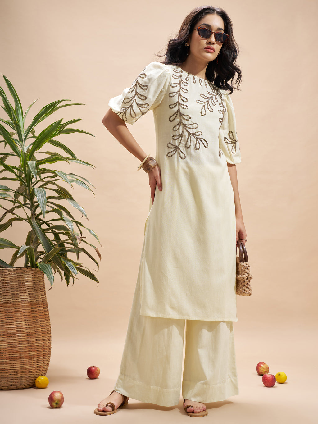 Vara By Vishudh Women Cream Embroidered Straight Kurta - Cream - Image 1