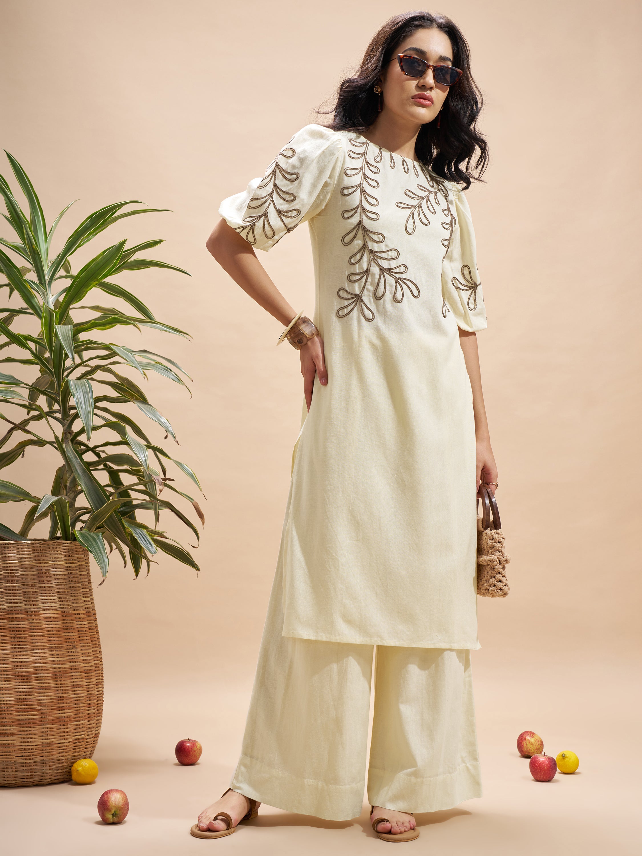 Vara By Vishudh Women Cream Embroidered Straight Kurta - Cream - Image 1
