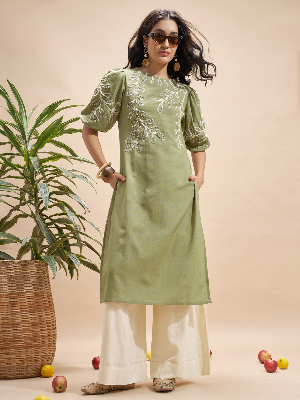 Vara By Vishudh Women Olive Embroidered Straight Kurta - Olive - Image 1