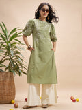 Vara By Vishudh Women Olive Embroidered Straight Kurta - Olive - Image 1