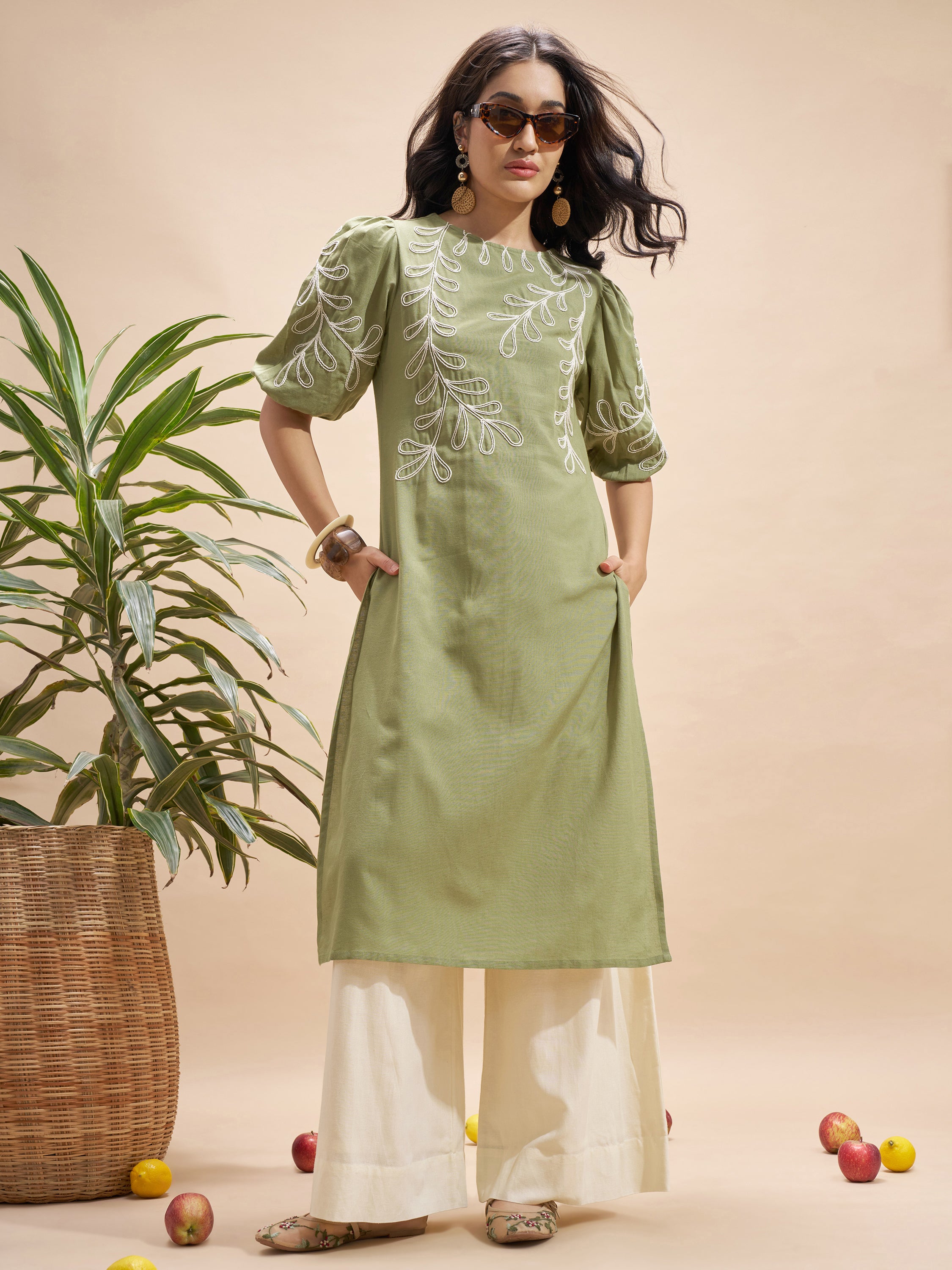 Vara By Vishudh Women Olive Embroidered Straight Kurta - Olive - Image 1