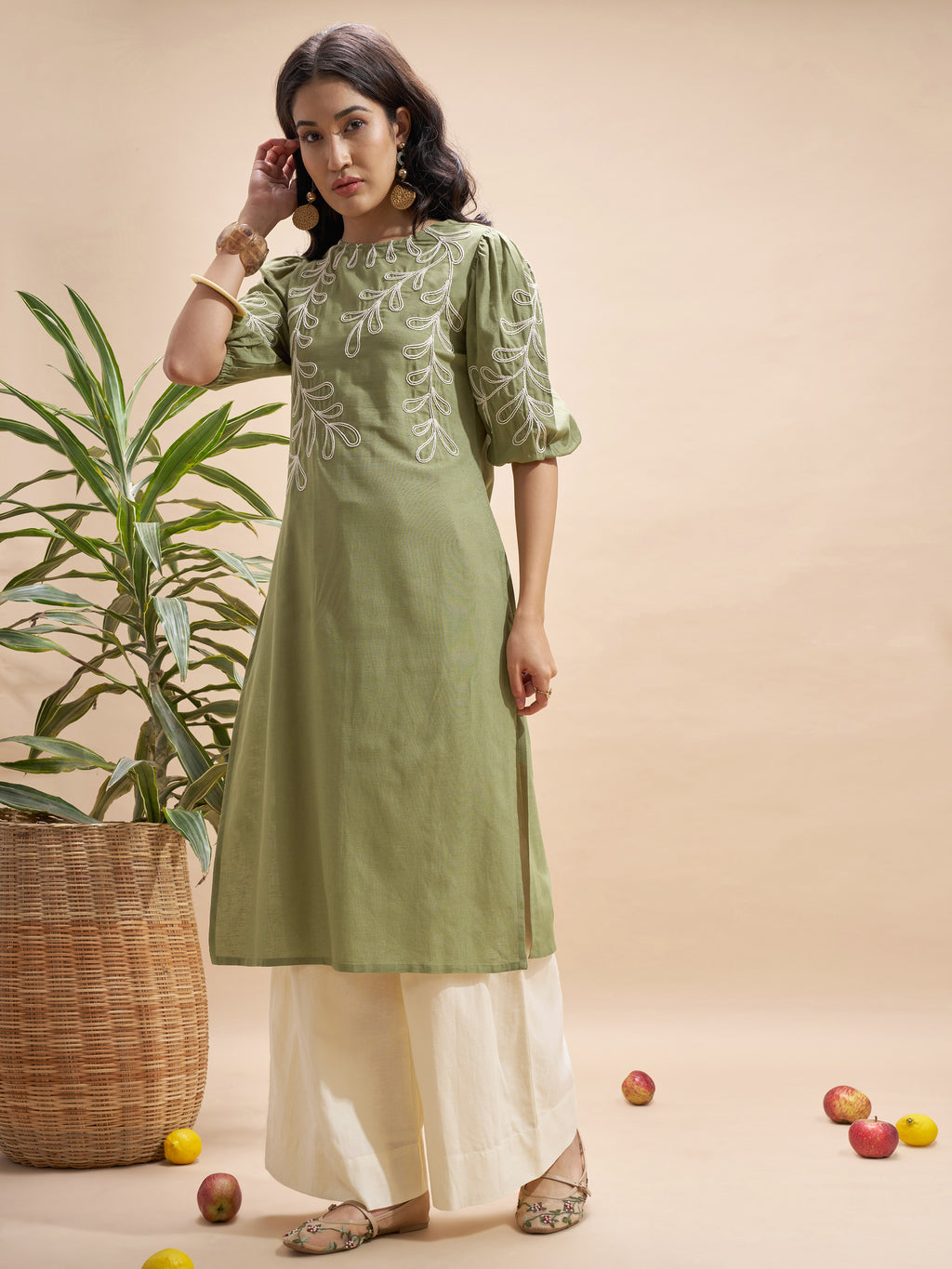 Vara By Vishudh Women Olive Embroidered Straight Kurta - Olive - Image 2