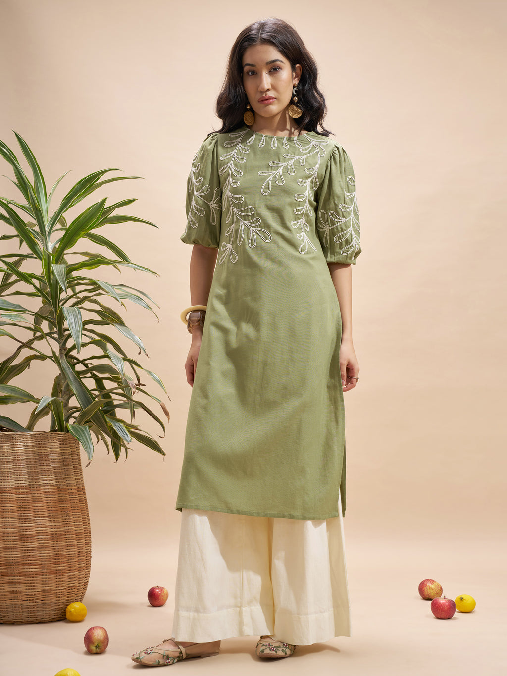 Vara By Vishudh Women Olive Embroidered Straight Kurta - Olive - Image 4