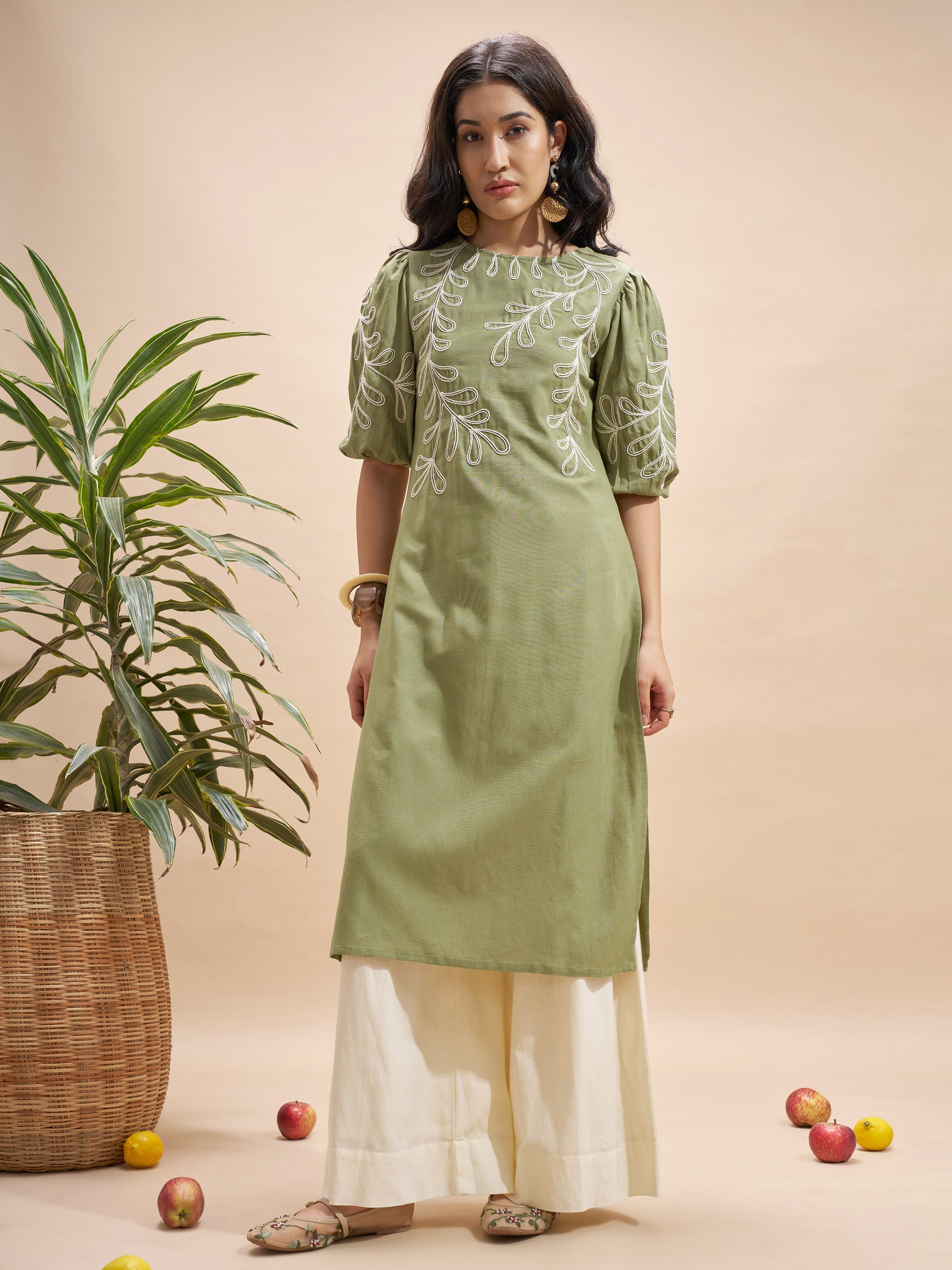 Vara By Vishudh Women Olive Embroidered Straight Kurta - Olive - Image 4