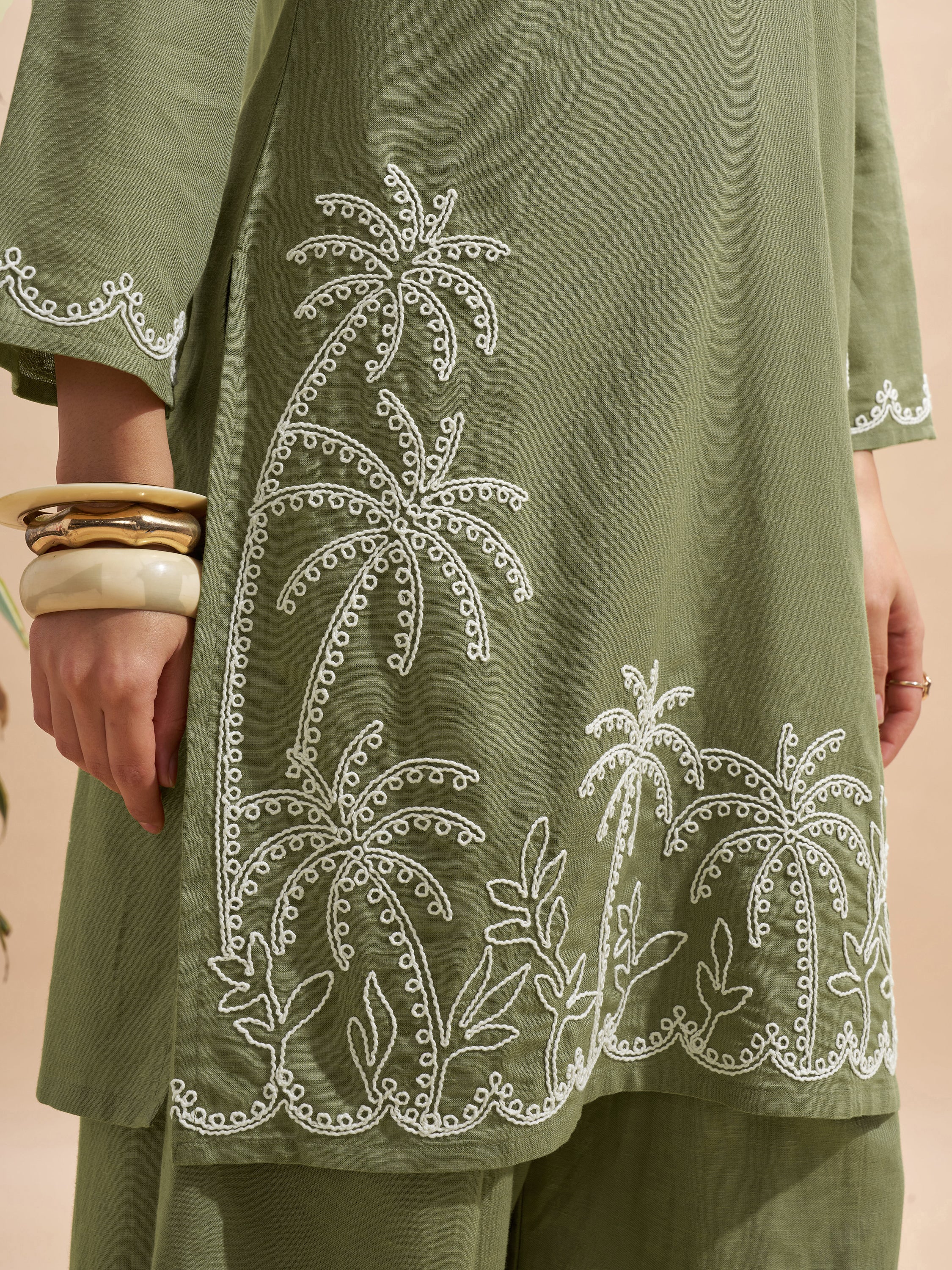 Vara By Vishudh Women Olive Embroidered Straight Kurta - Olive - Image 6