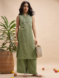 Vara By Vishudh Women Olive Embroidered Straight Kurta - Olive - Image 1