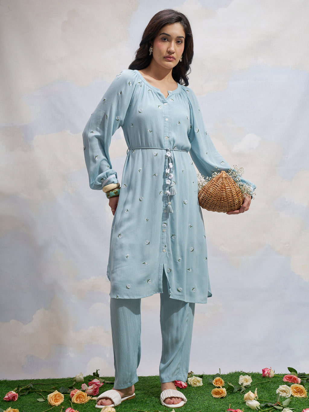 Vara By Vishudh Women Blue Embroidered Straight Kurta - Blue - Image 1