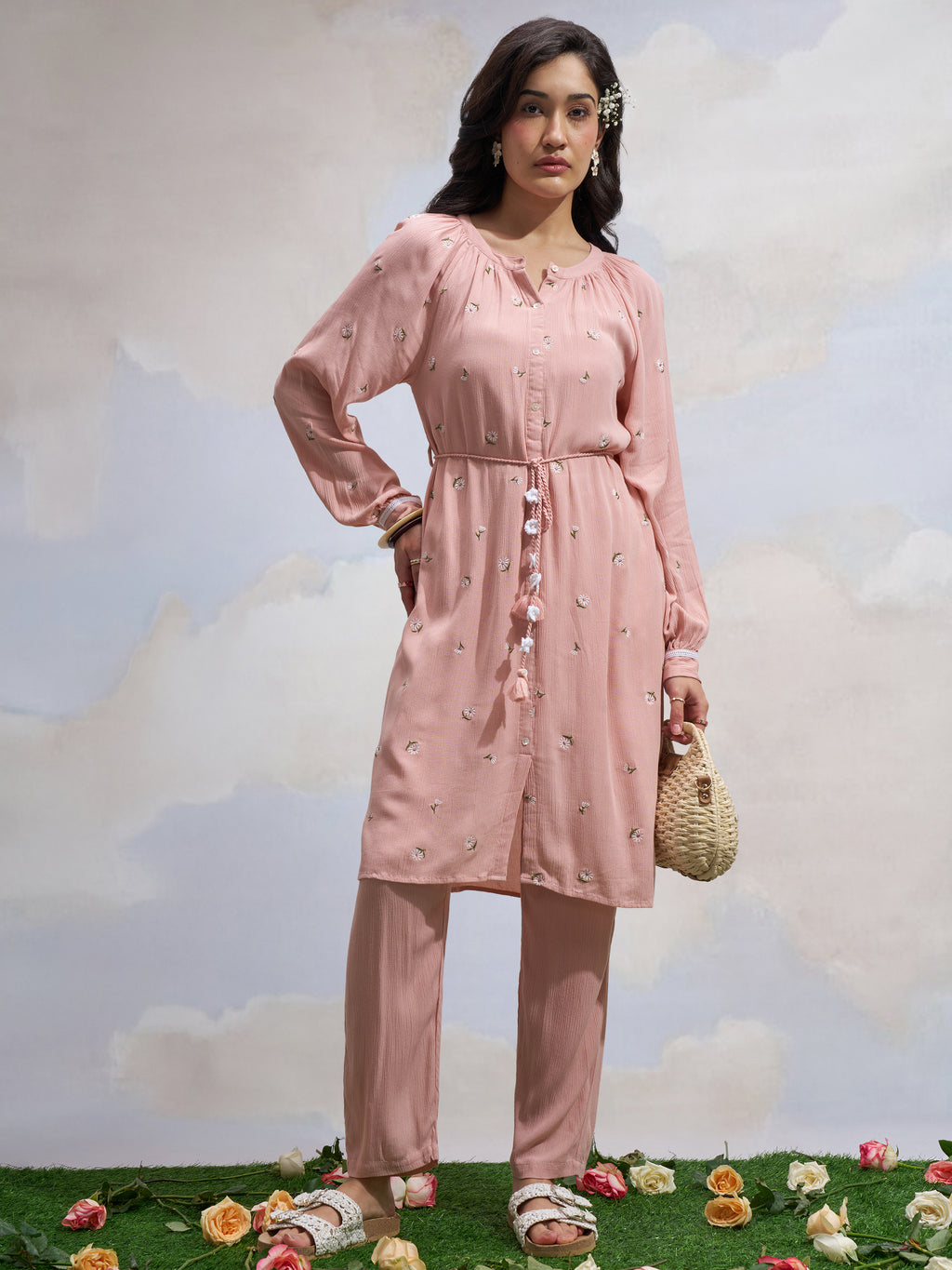 Vara By Vishudh Women Pink Embroidered Straight Kurta - Pink - Image 1