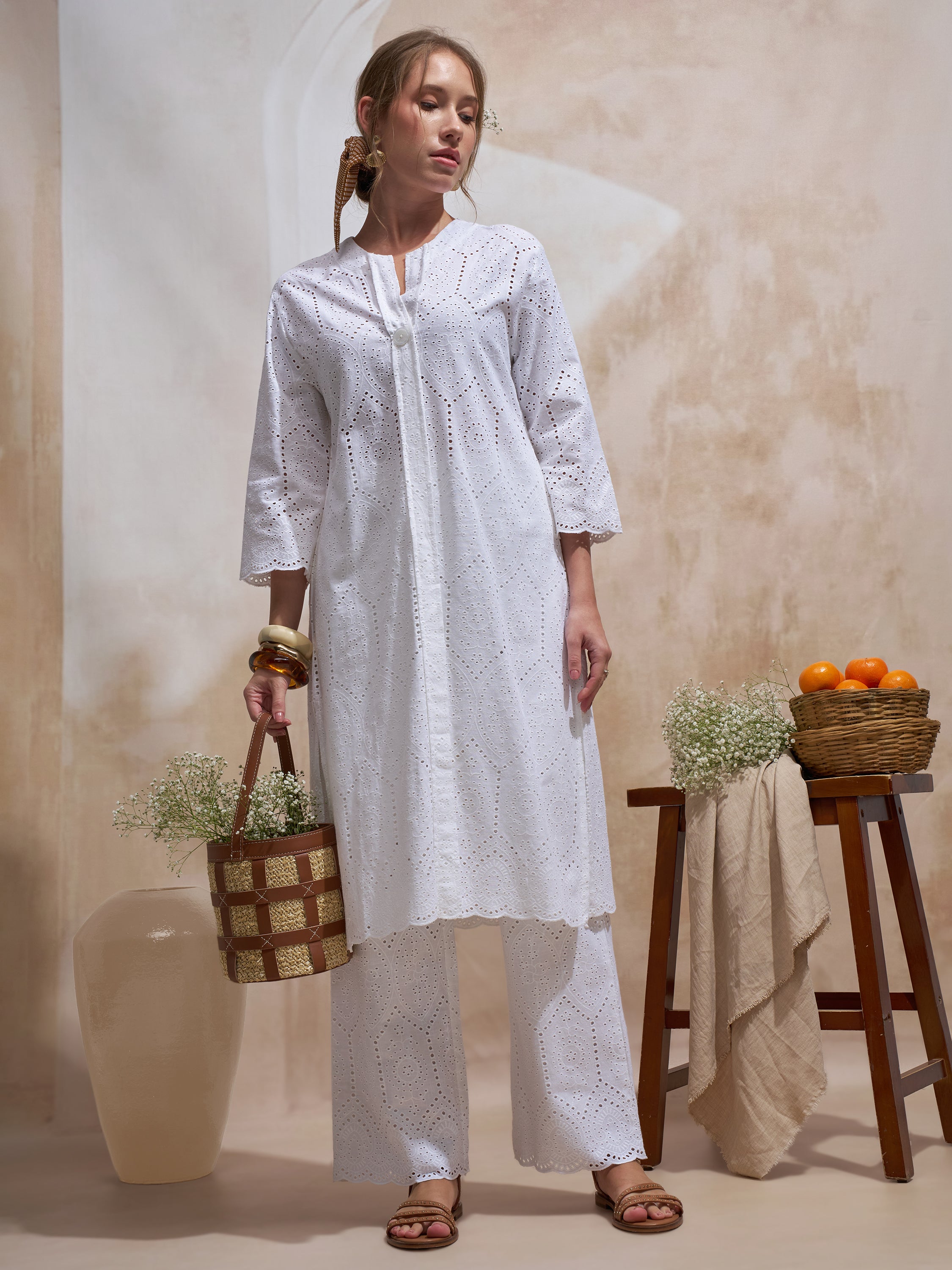 Vara By Vishudh Women White Embroidered Straight Kurta - White - Image 1