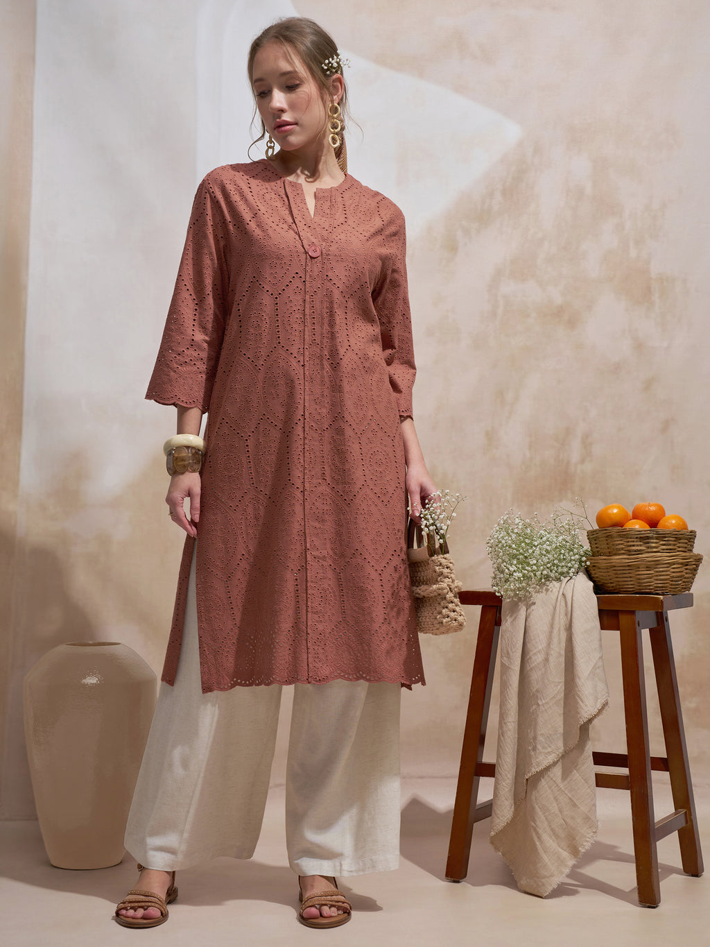 Vara By Vishudh Women Brown Embroidered Straight Kurta - Brown - Image 1