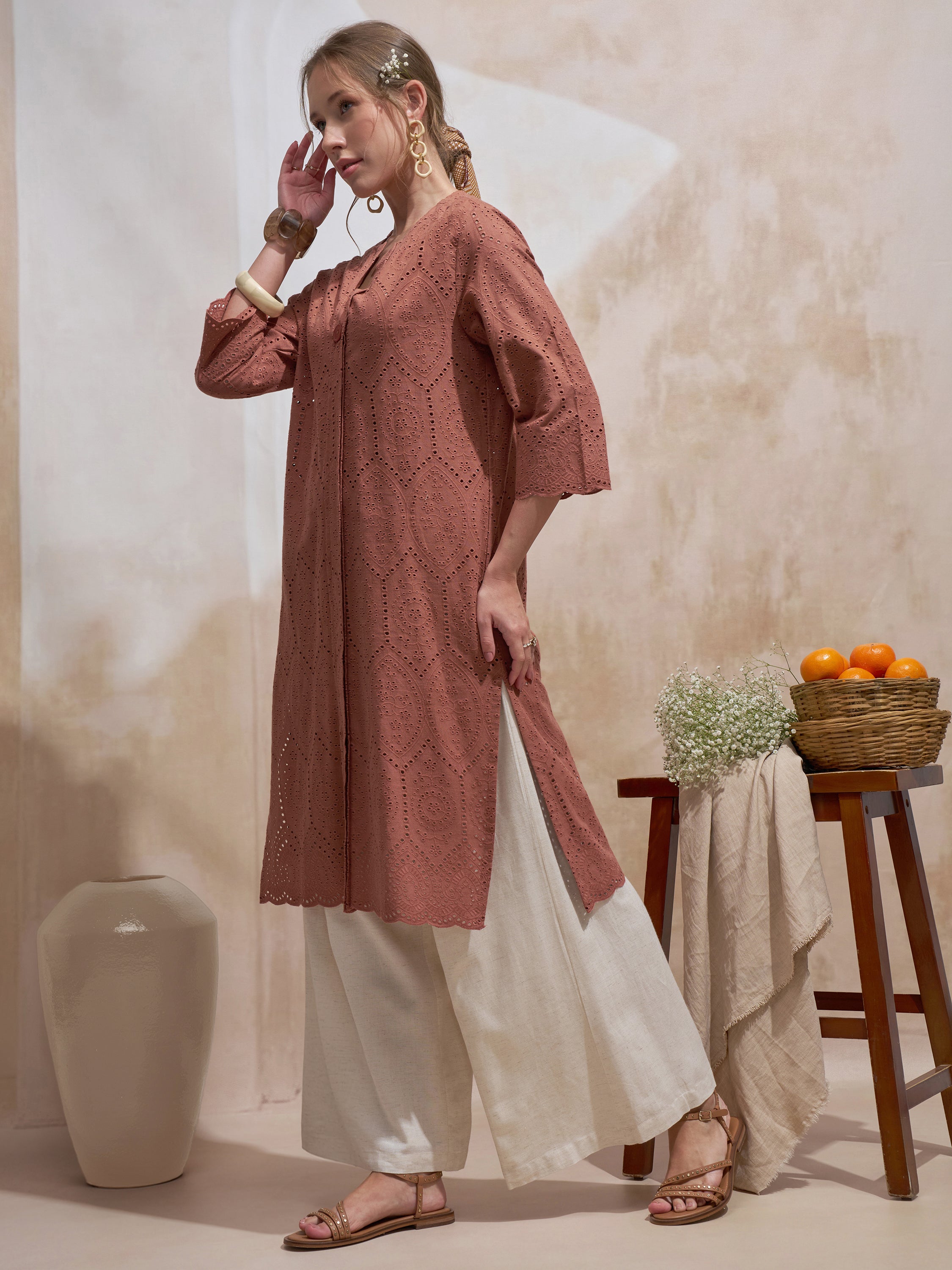 Vara By Vishudh Women Brown Embroidered Straight Kurta - Brown - Image 2