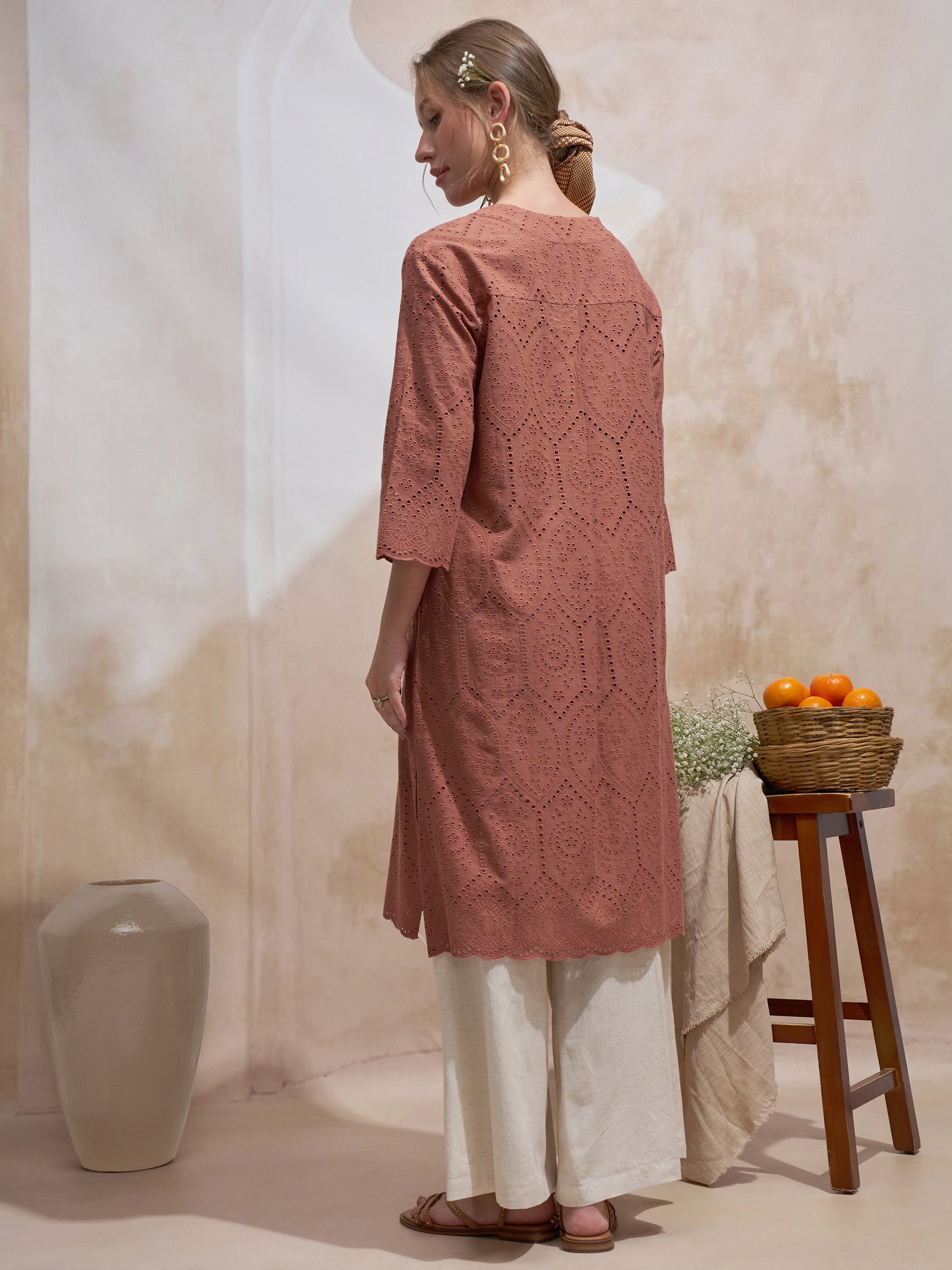 Vara By Vishudh Women Brown Embroidered Straight Kurta - Brown - Image 3