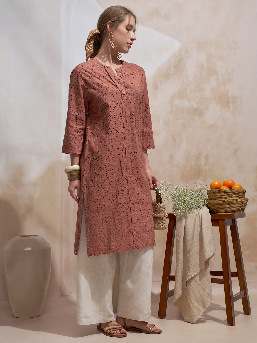 Vara By Vishudh Women Brown Embroidered Straight Kurta - Brown - Image 4