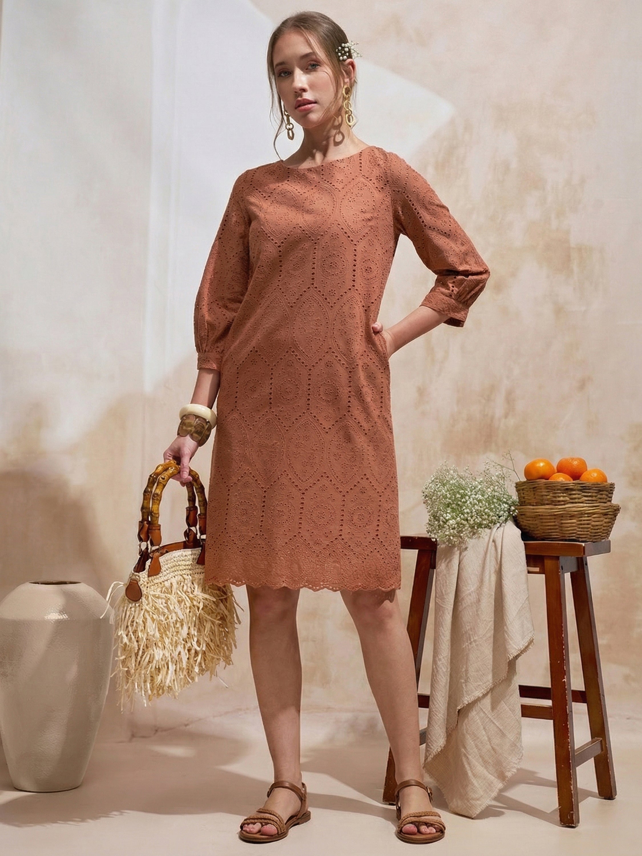 Vara By Vishudh Women Brown Embroidered Straight Kurta - Brown - Image 1