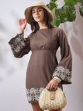 Vara By Vishudh Women Tan Embroidered A-Line Dress - Tan - Image 1