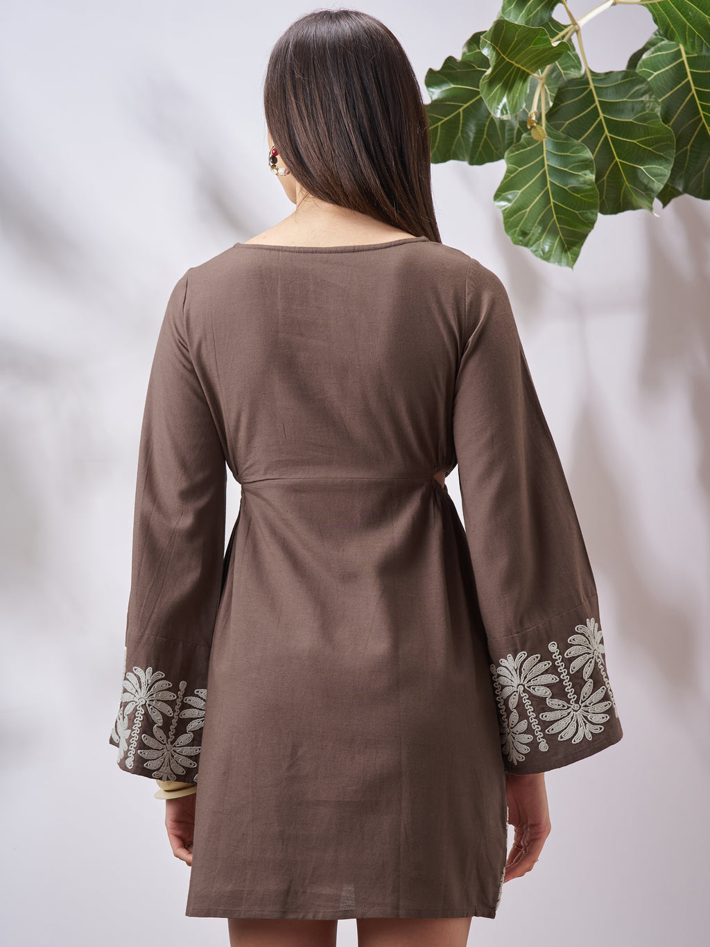 Vara By Vishudh Women Tan Embroidered A-Line Dress - Tan - Image 3