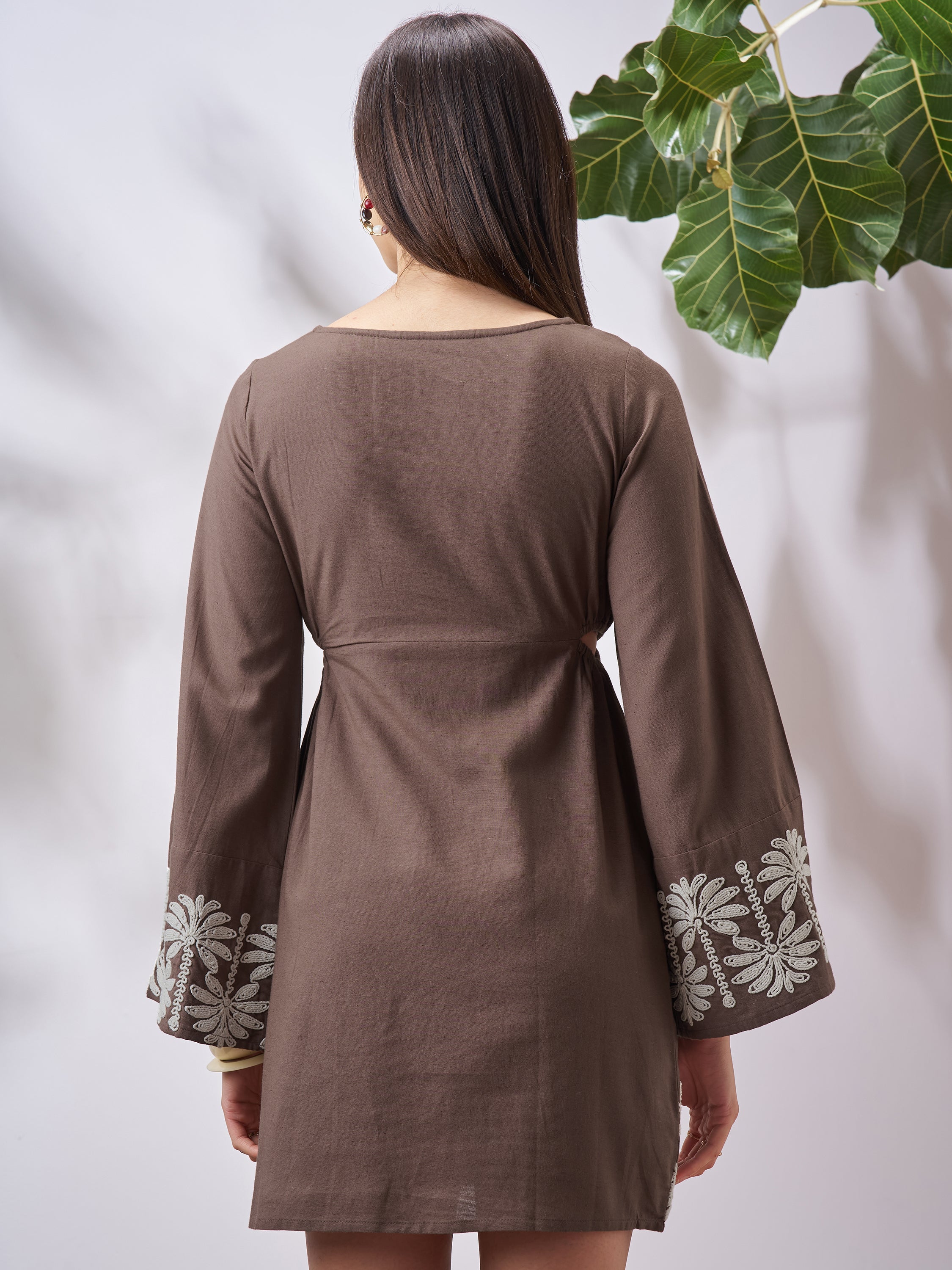 Vara By Vishudh Women Tan Embroidered A-Line Dress - Tan - Image 3