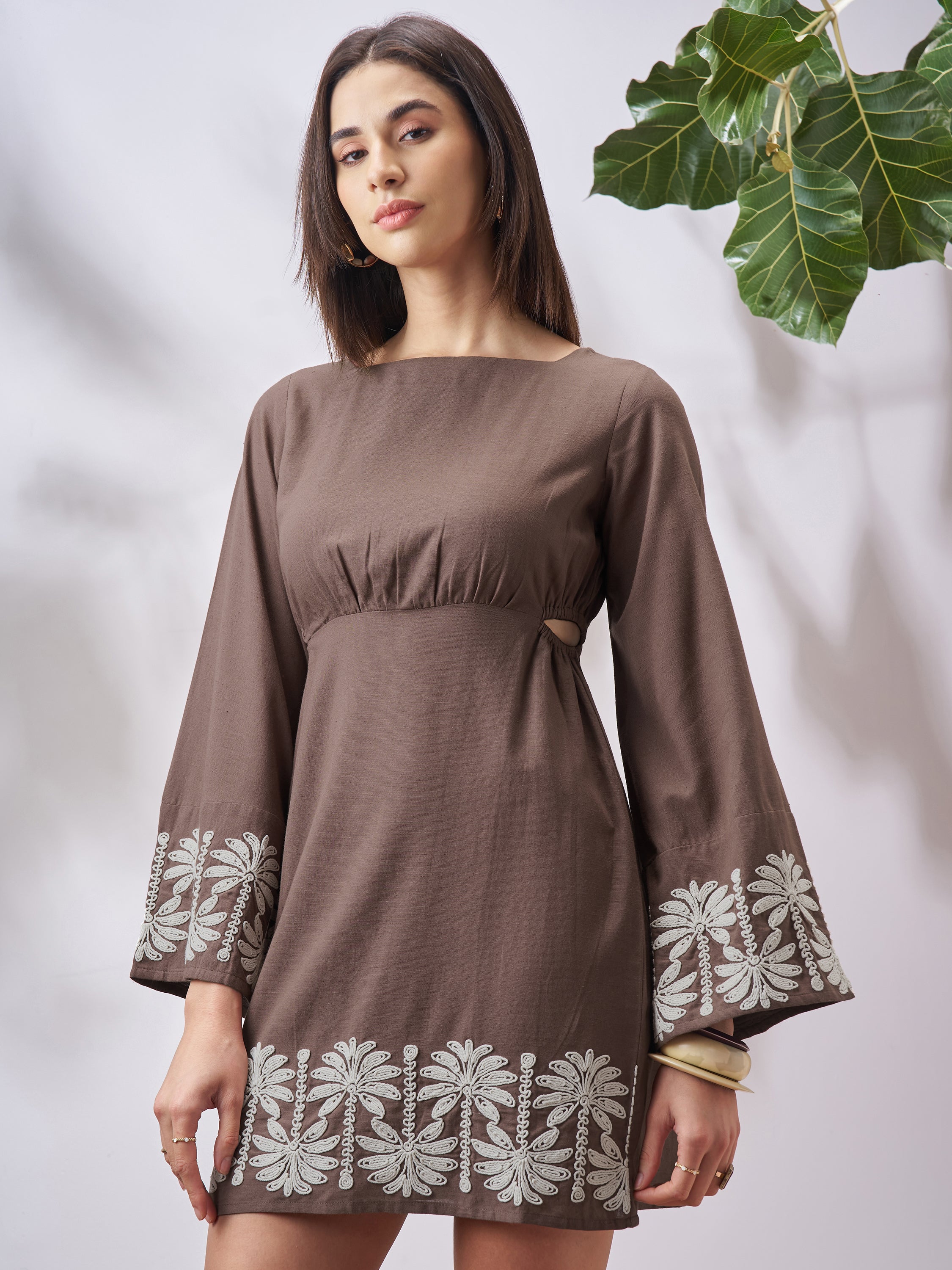 Vara By Vishudh Women Tan Embroidered A-Line Dress - Tan - Image 4