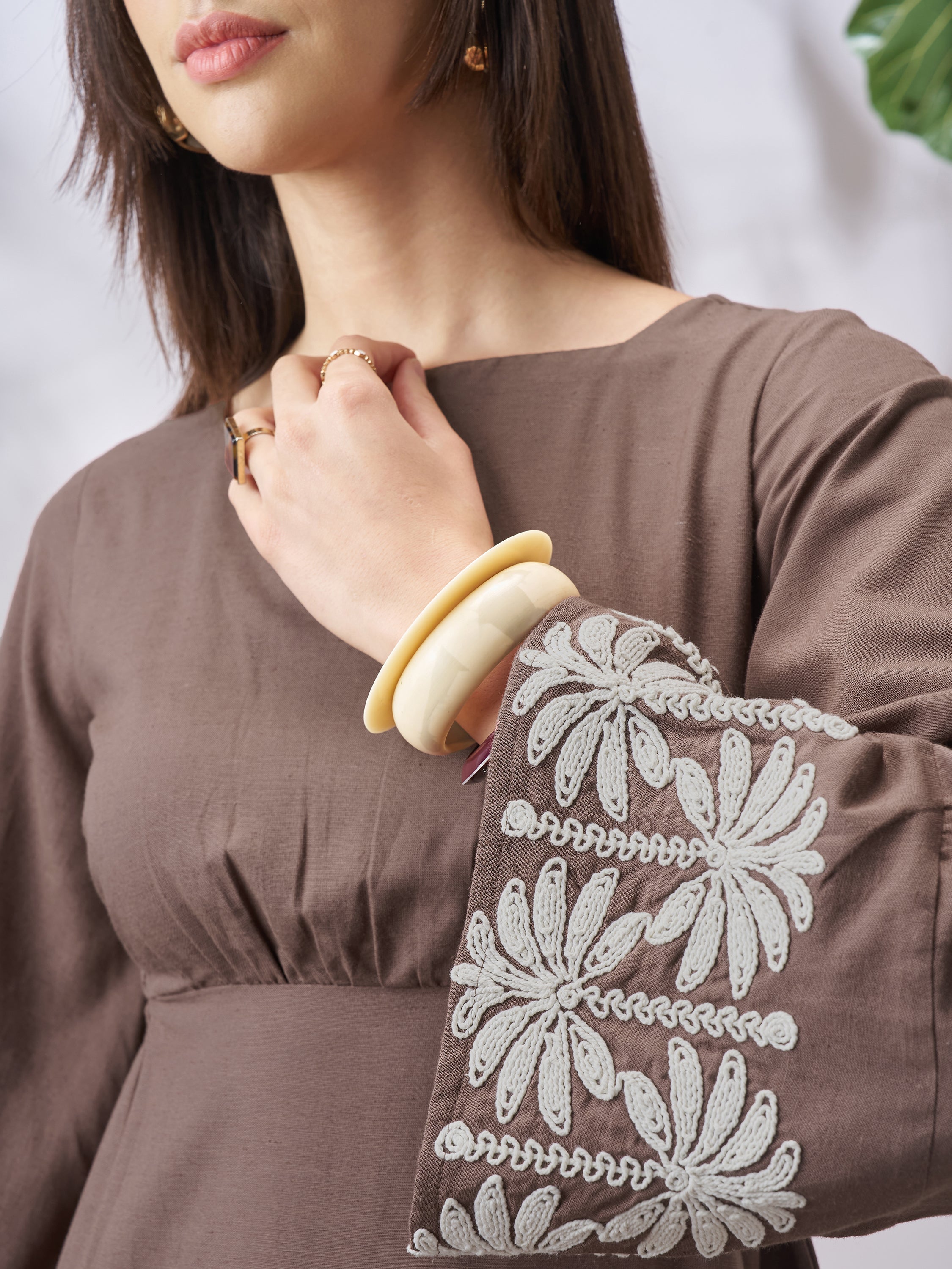 Vara By Vishudh Women Tan Embroidered A-Line Dress - Tan - Image 7