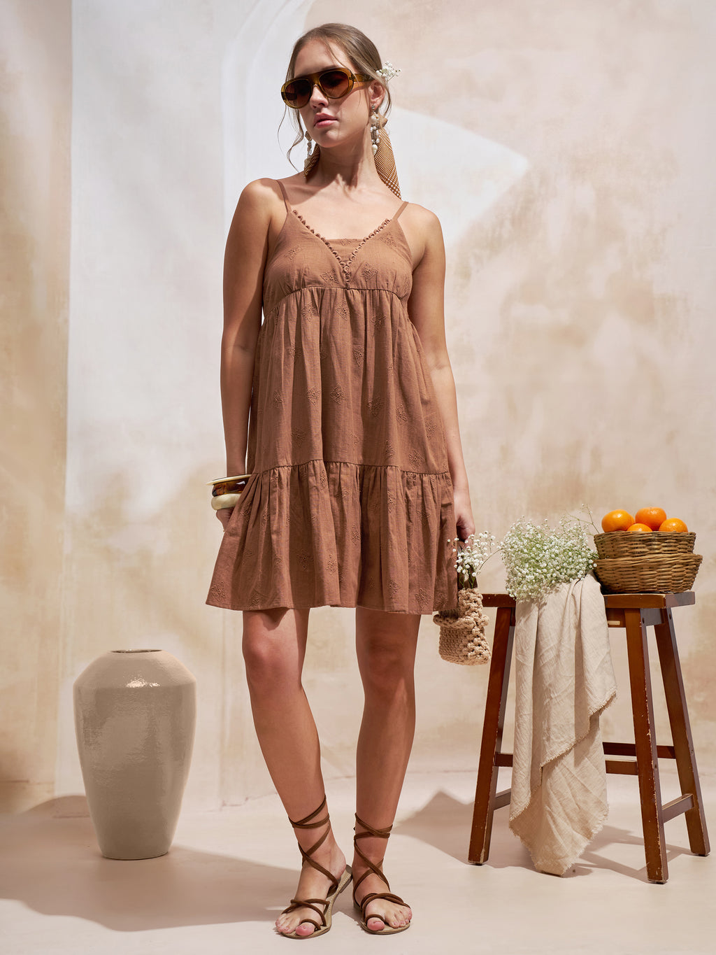 Vara By Vishudh Women Brown Embroidered Fit and Flare Dress - Brown - Image 2