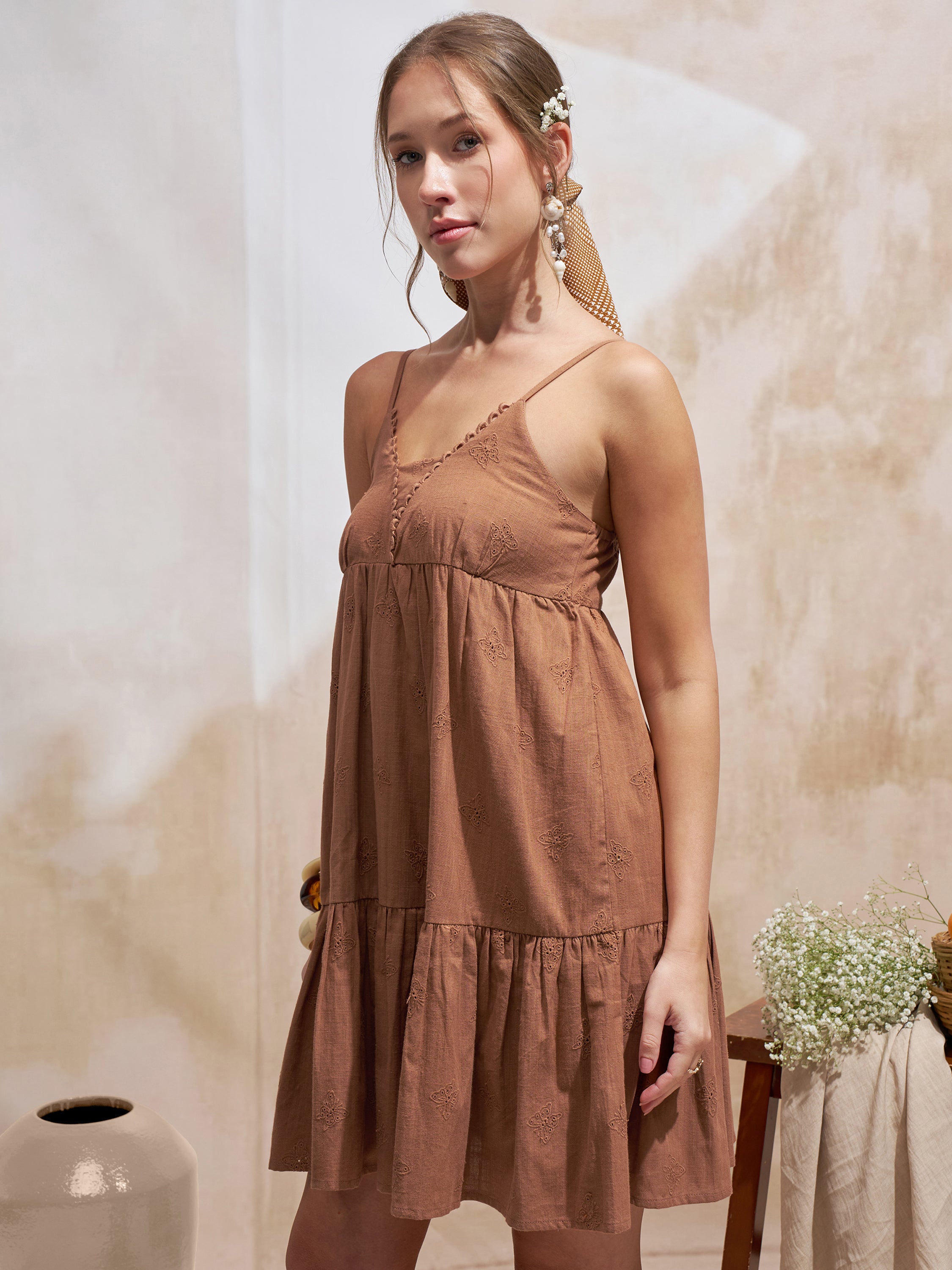 Vara By Vishudh Women Brown Embroidered Fit and Flare Dress - Brown - Image 4