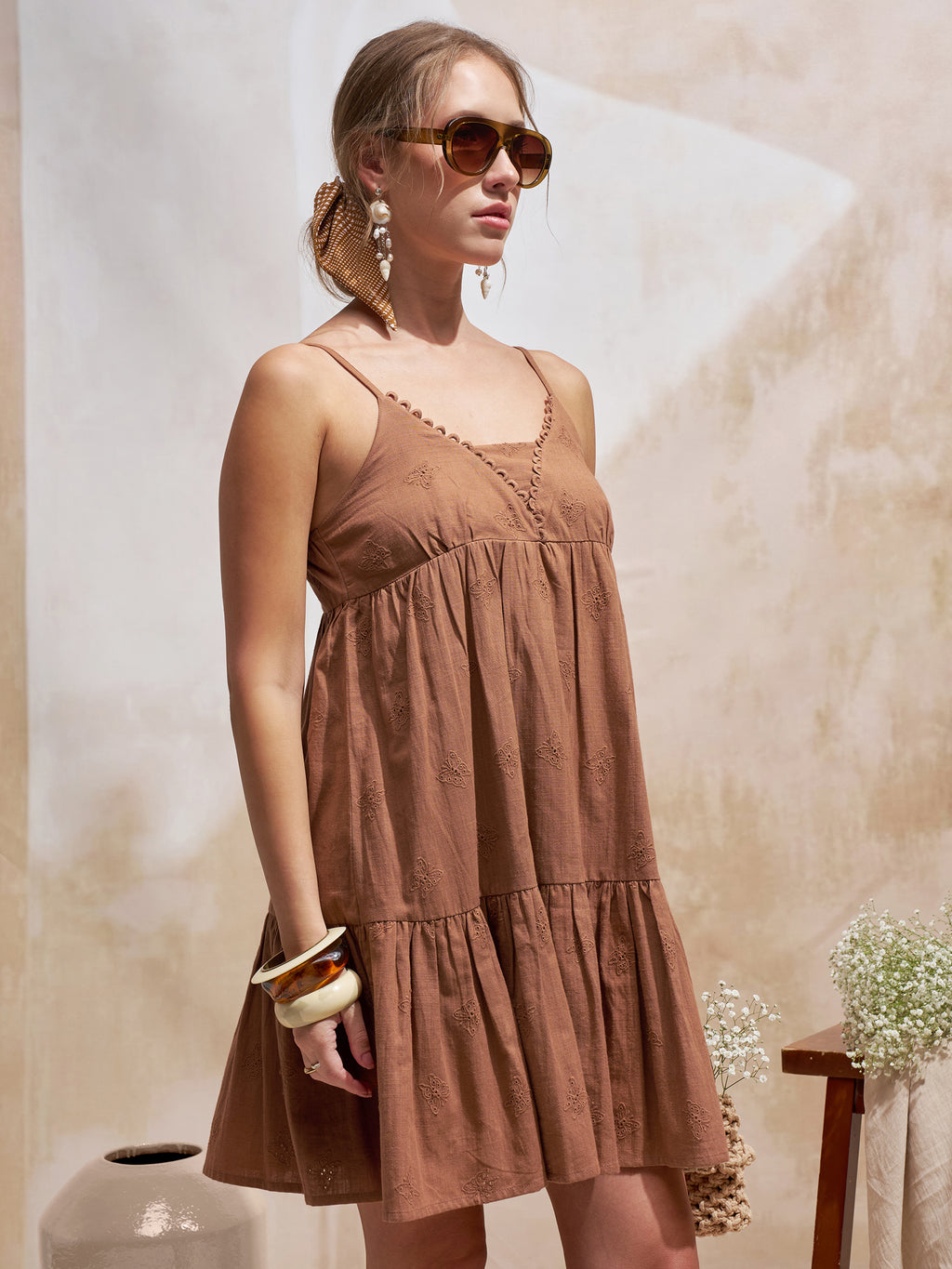 Vara By Vishudh Women Brown Embroidered Fit and Flare Dress - Brown - Image 6