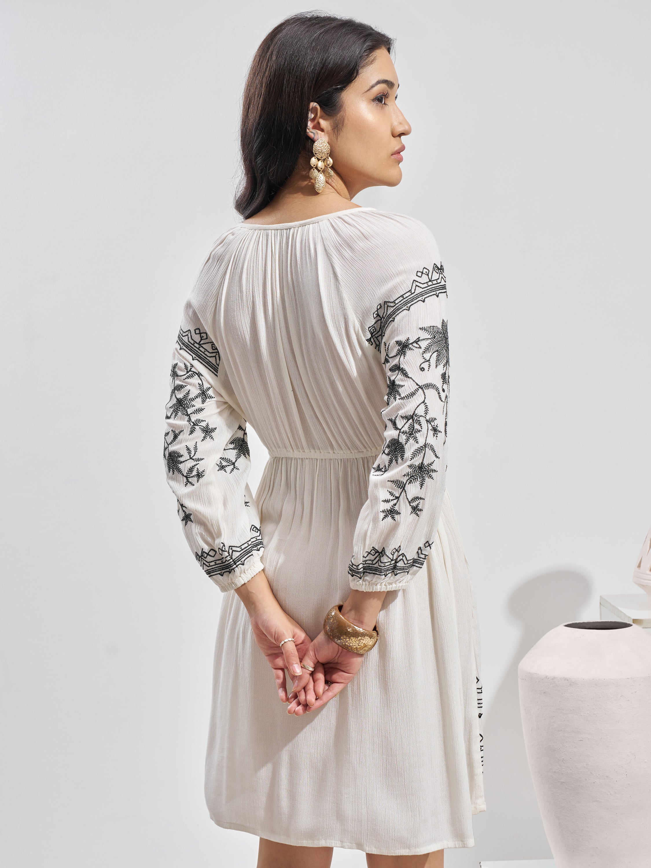 Vara By Vishudh Women Off White Embroidered Fit and Flare Dress - Off White - Image 3