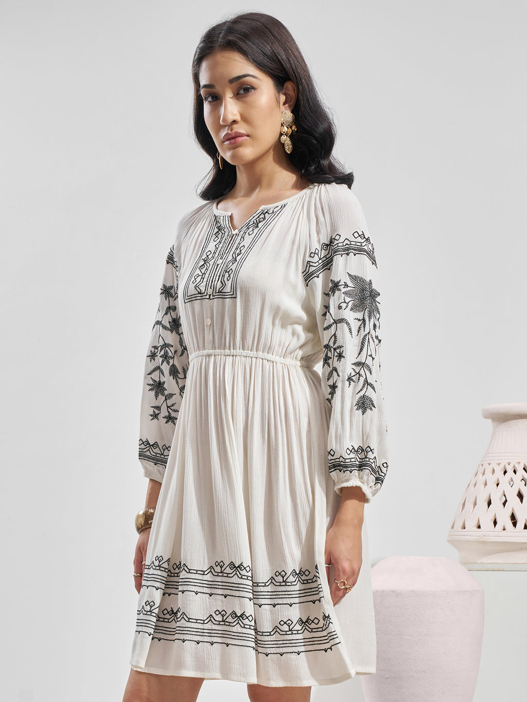 Vara By Vishudh Women Off White Embroidered Fit and Flare Dress - Off White - Image 4