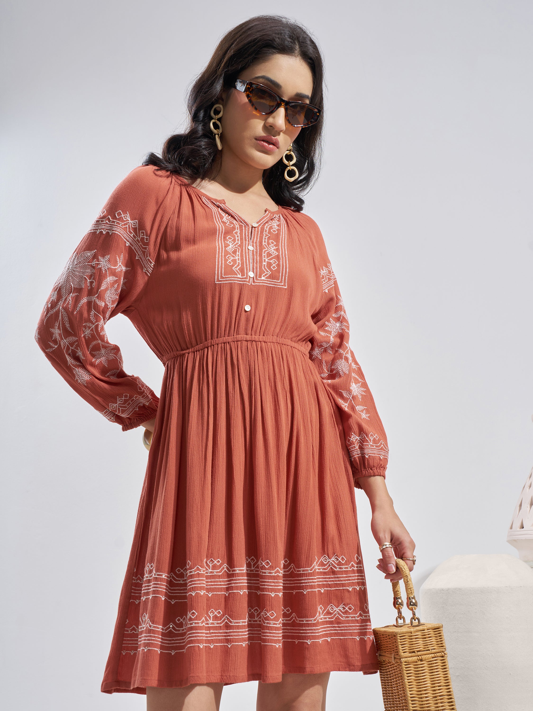Vara By Vishudh Women Rust Embroidered Fit and Flare Dress - Rust - Image 1