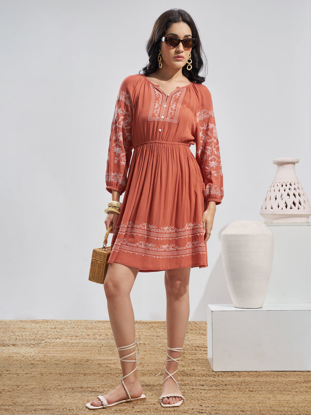 Vara By Vishudh Women Rust Embroidered Fit and Flare Dress - Rust - Image 2