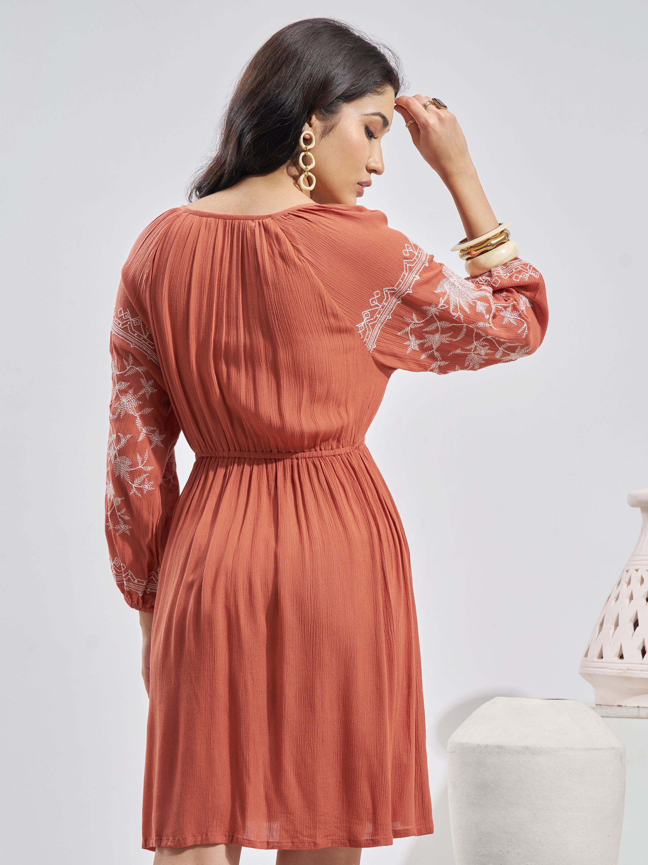 Vara By Vishudh Women Rust Embroidered Fit and Flare Dress - Rust - Image 3