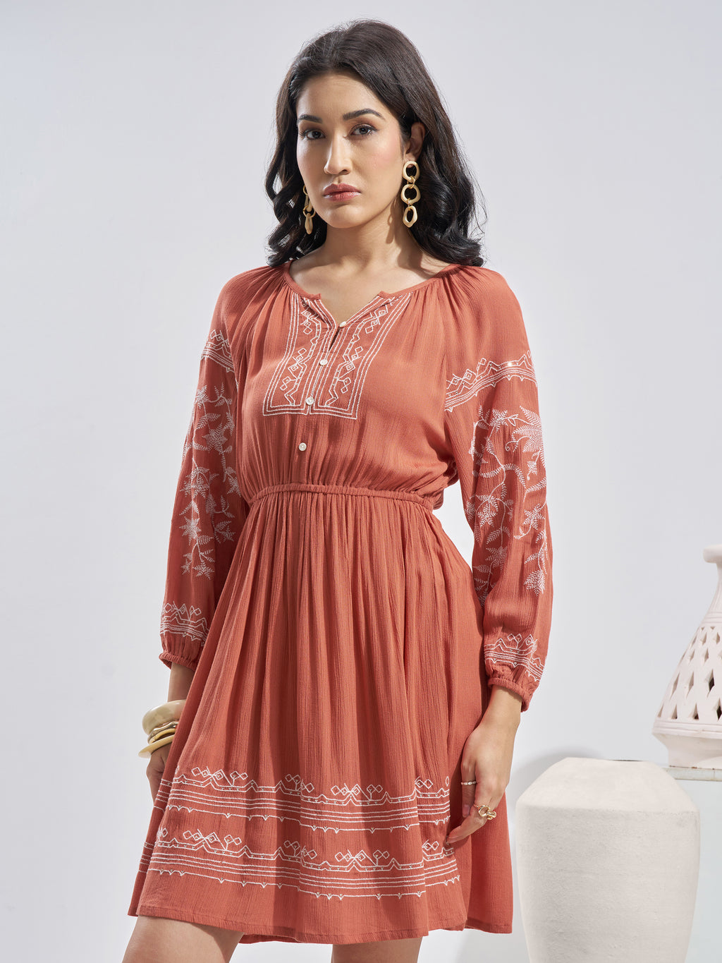 Vara By Vishudh Women Rust Embroidered Fit and Flare Dress - Rust - Image 4