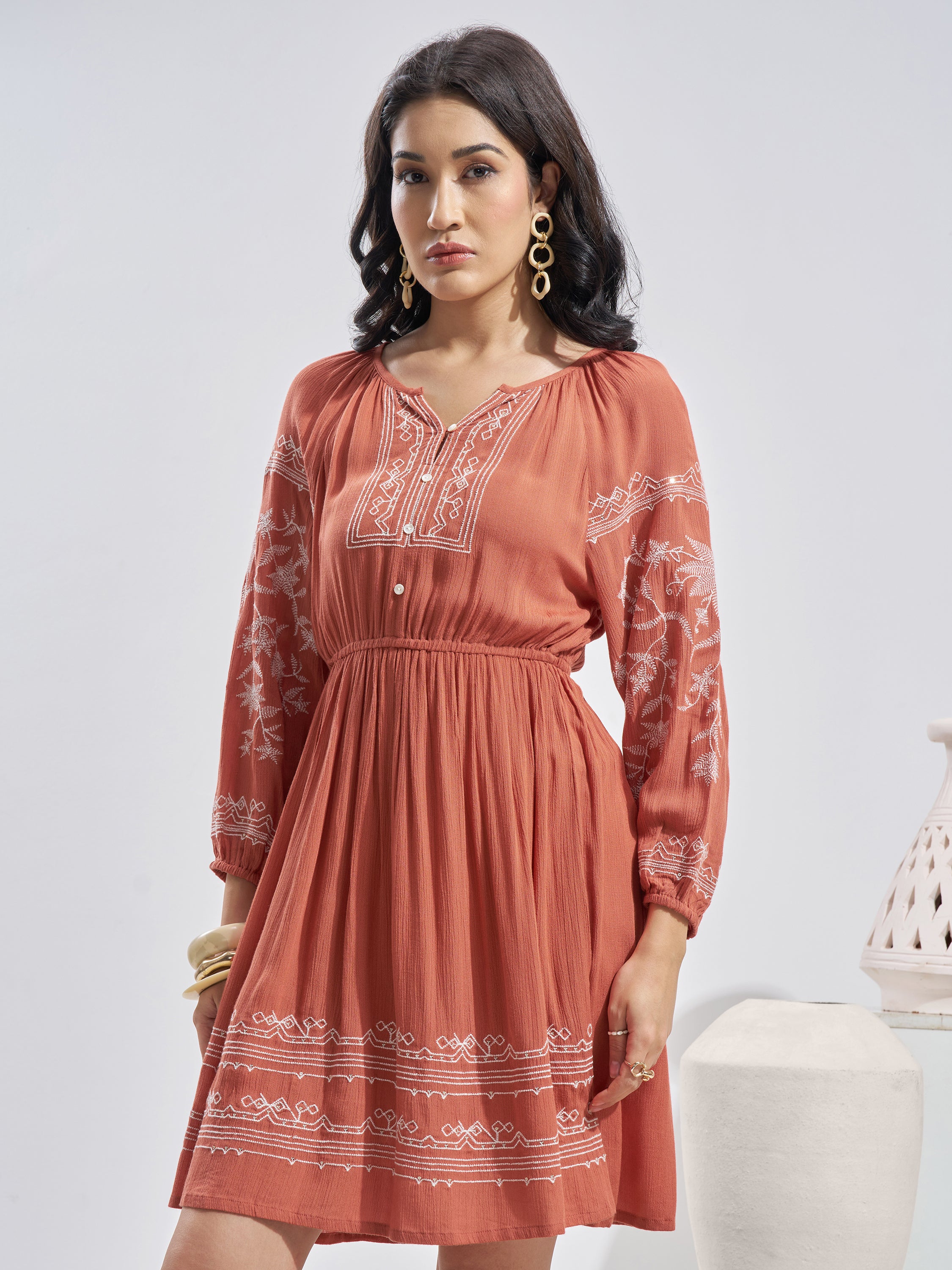 Vara By Vishudh Women Rust Embroidered Fit and Flare Dress - Rust - Image 4