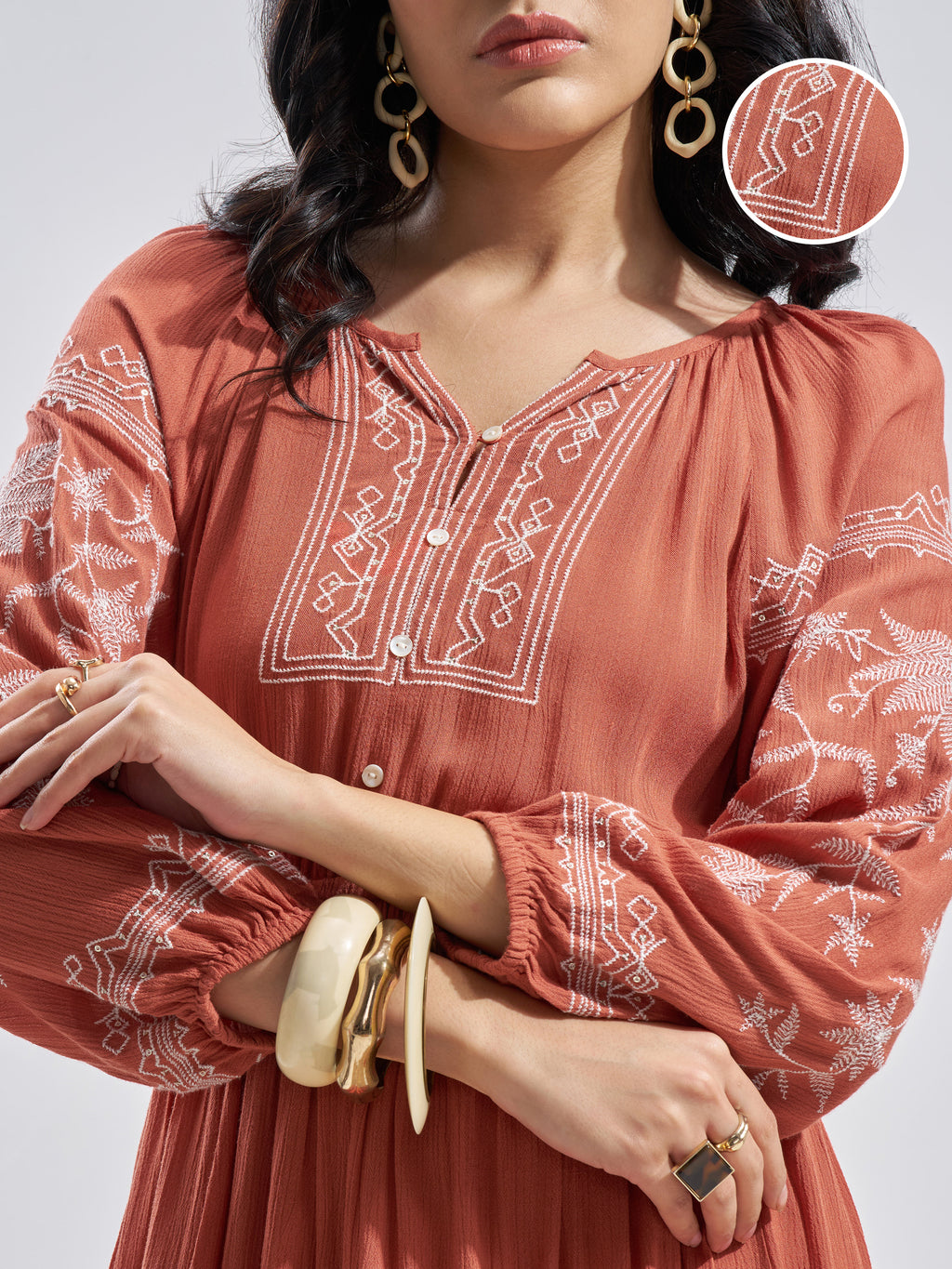 Vara By Vishudh Women Rust Embroidered Fit and Flare Dress - Rust - Image 5