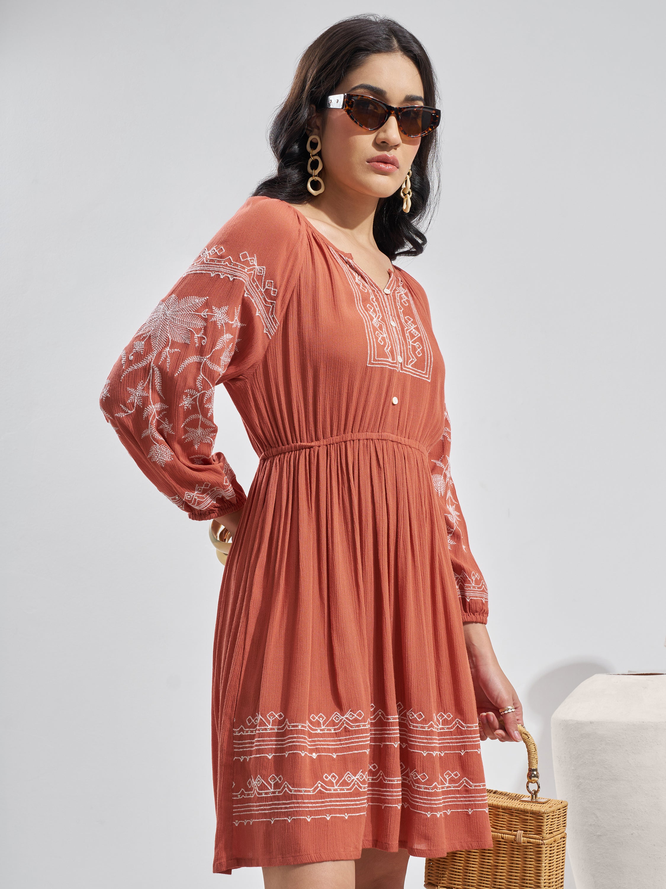 Vara By Vishudh Women Rust Embroidered Fit and Flare Dress - Rust - Image 6