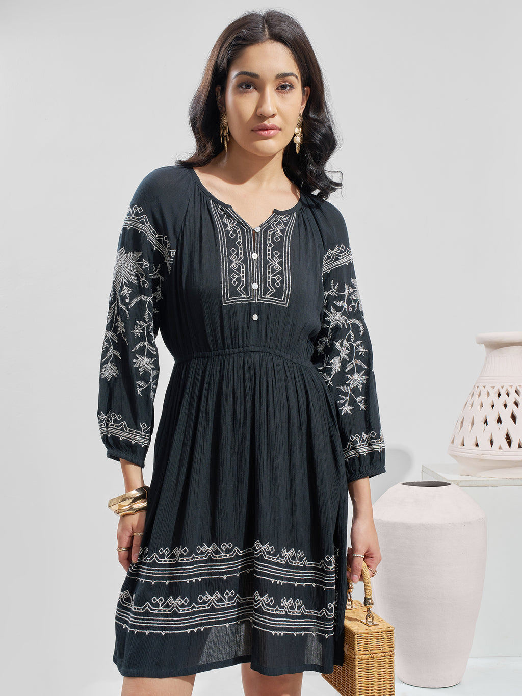 Vara By Vishudh Women Black Embroidered Fit and Flare Dress - Black - Image 1