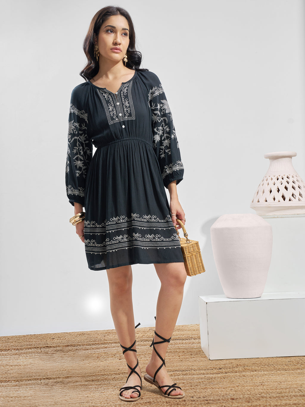 Vara By Vishudh Women Black Embroidered Fit and Flare Dress - Black - Image 2