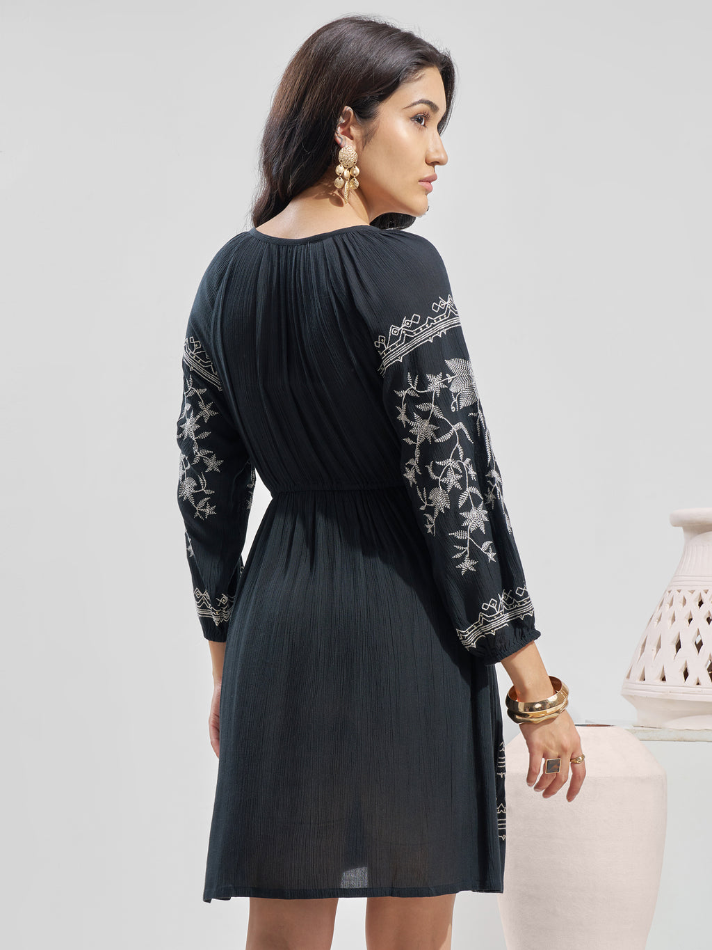 Vara By Vishudh Women Black Embroidered Fit and Flare Dress - Black - Image 3