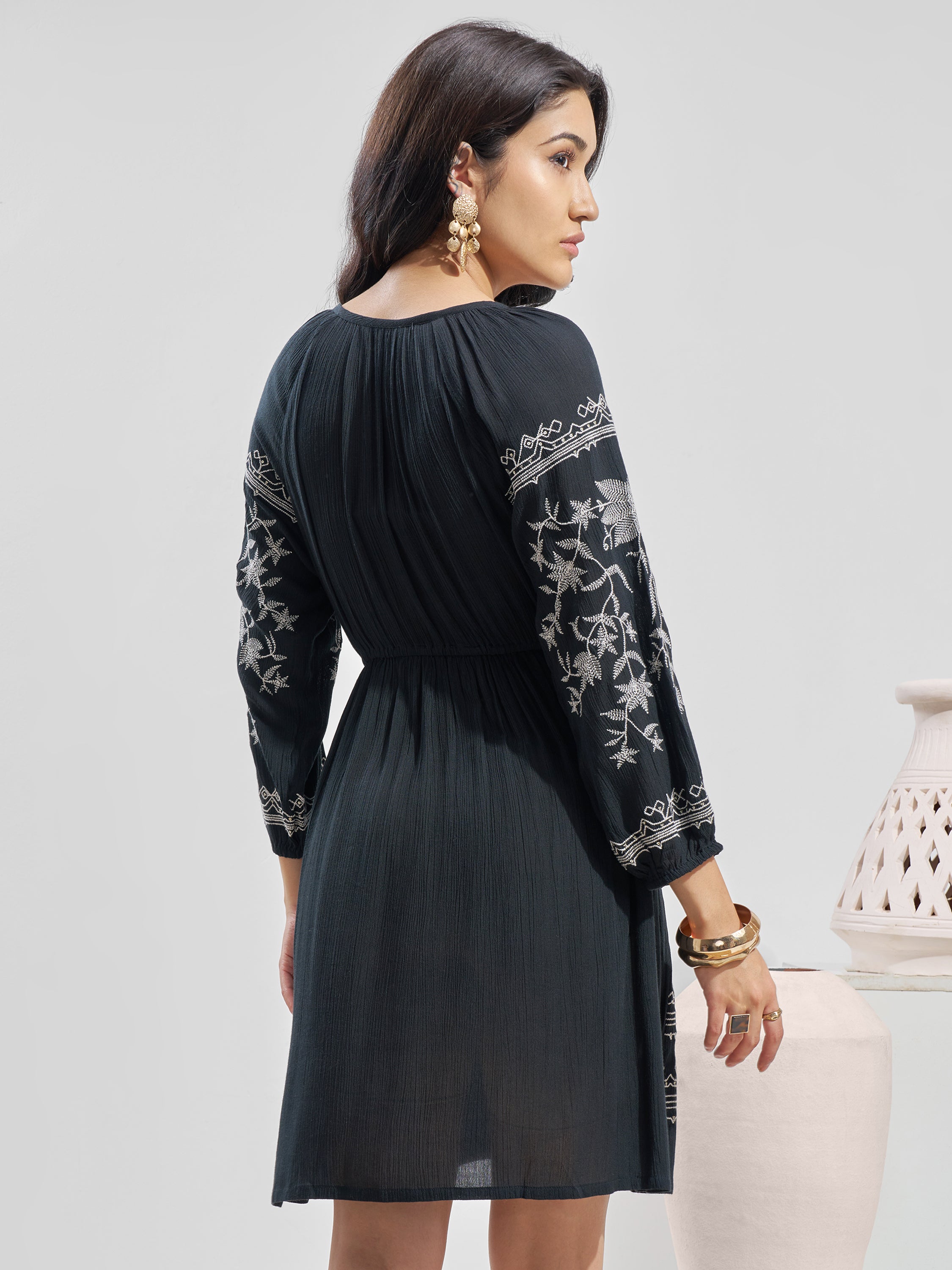 Vara By Vishudh Women Black Embroidered Fit and Flare Dress - Black - Image 3