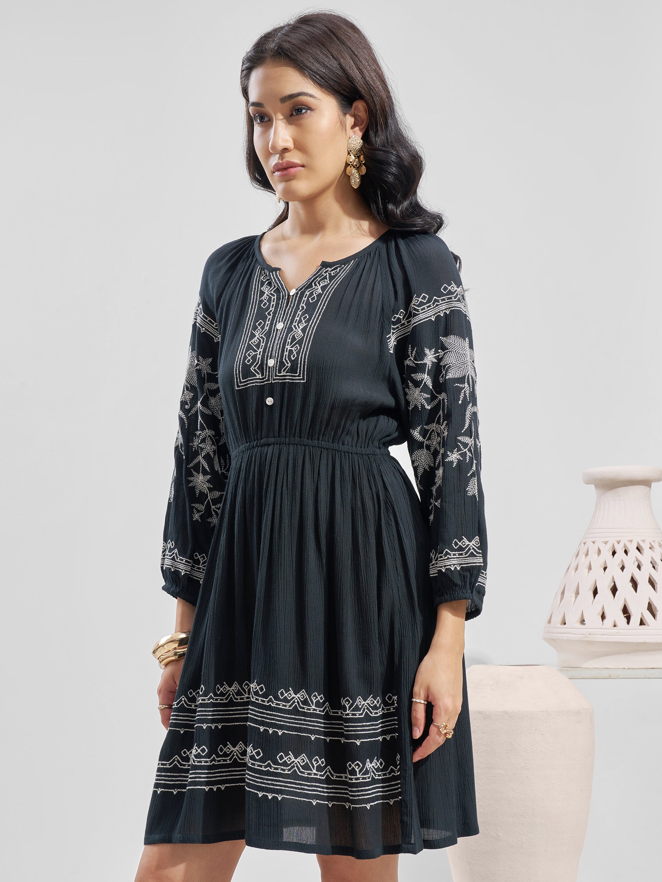 Vara By Vishudh Women Black Embroidered Fit and Flare Dress - Black - Image 4