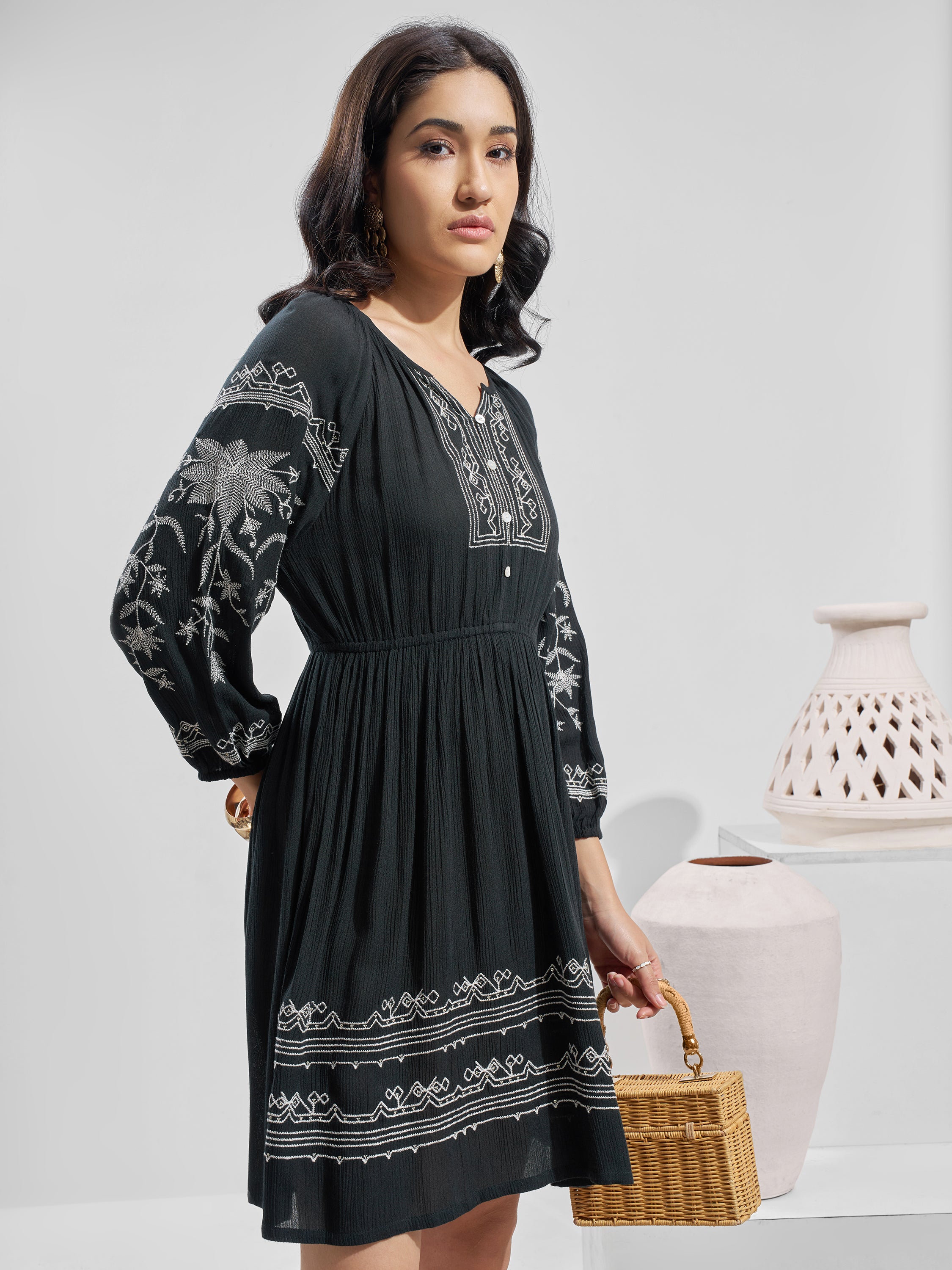 Vara By Vishudh Women Black Embroidered Fit and Flare Dress - Black - Image 6