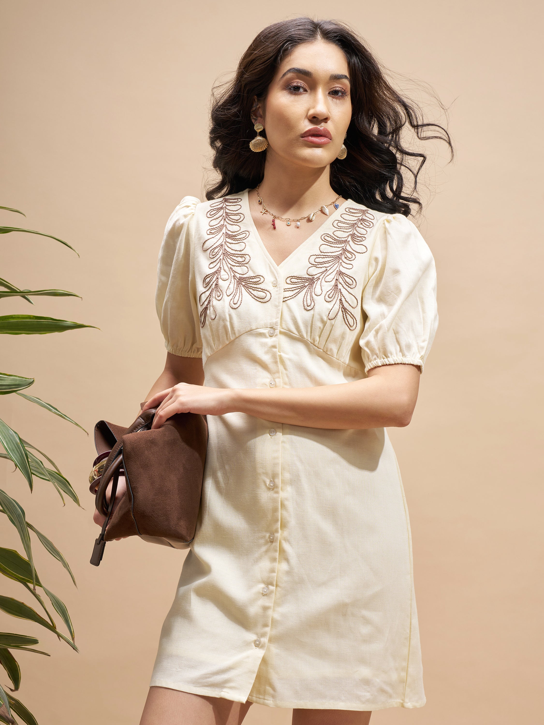 Vara By Vishudh Women Cream Embroidered Bodycon Dress - Cream - Image 1