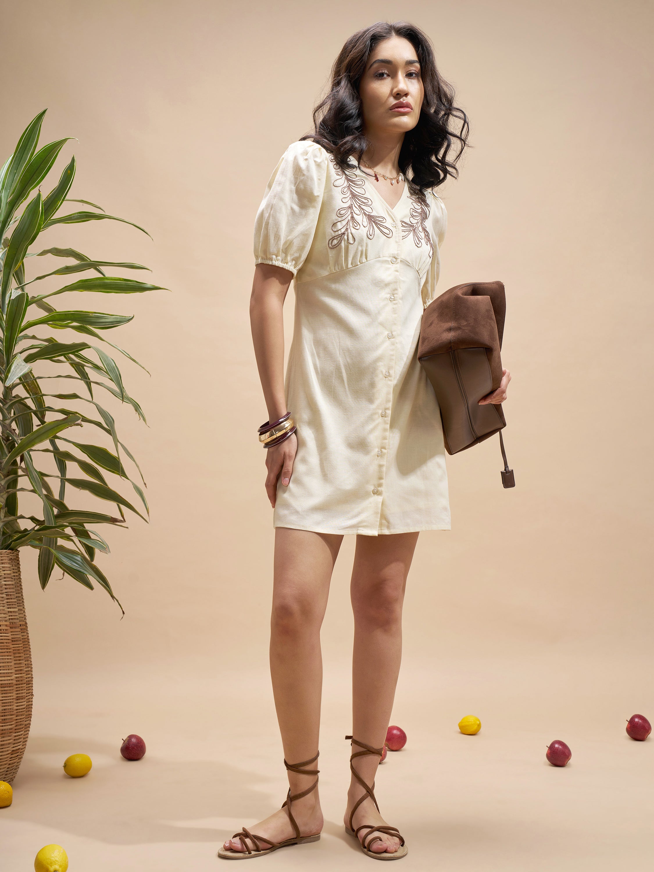 Vara By Vishudh Women Cream Embroidered Bodycon Dress - Cream - Image 2