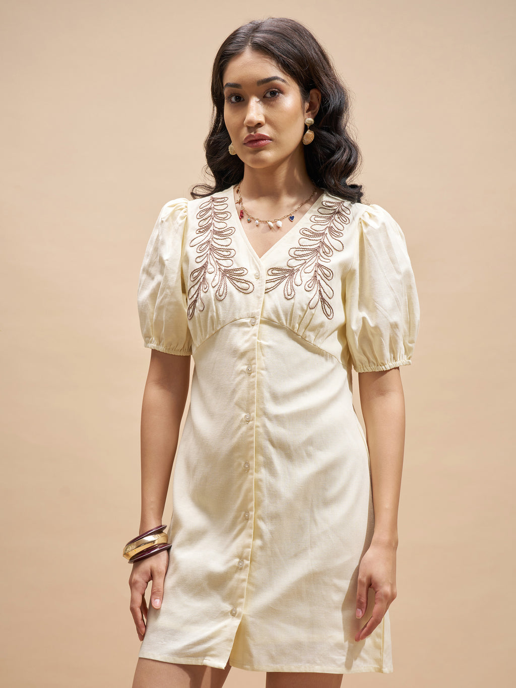 Vara By Vishudh Women Cream Embroidered Bodycon Dress - Cream - Image 4