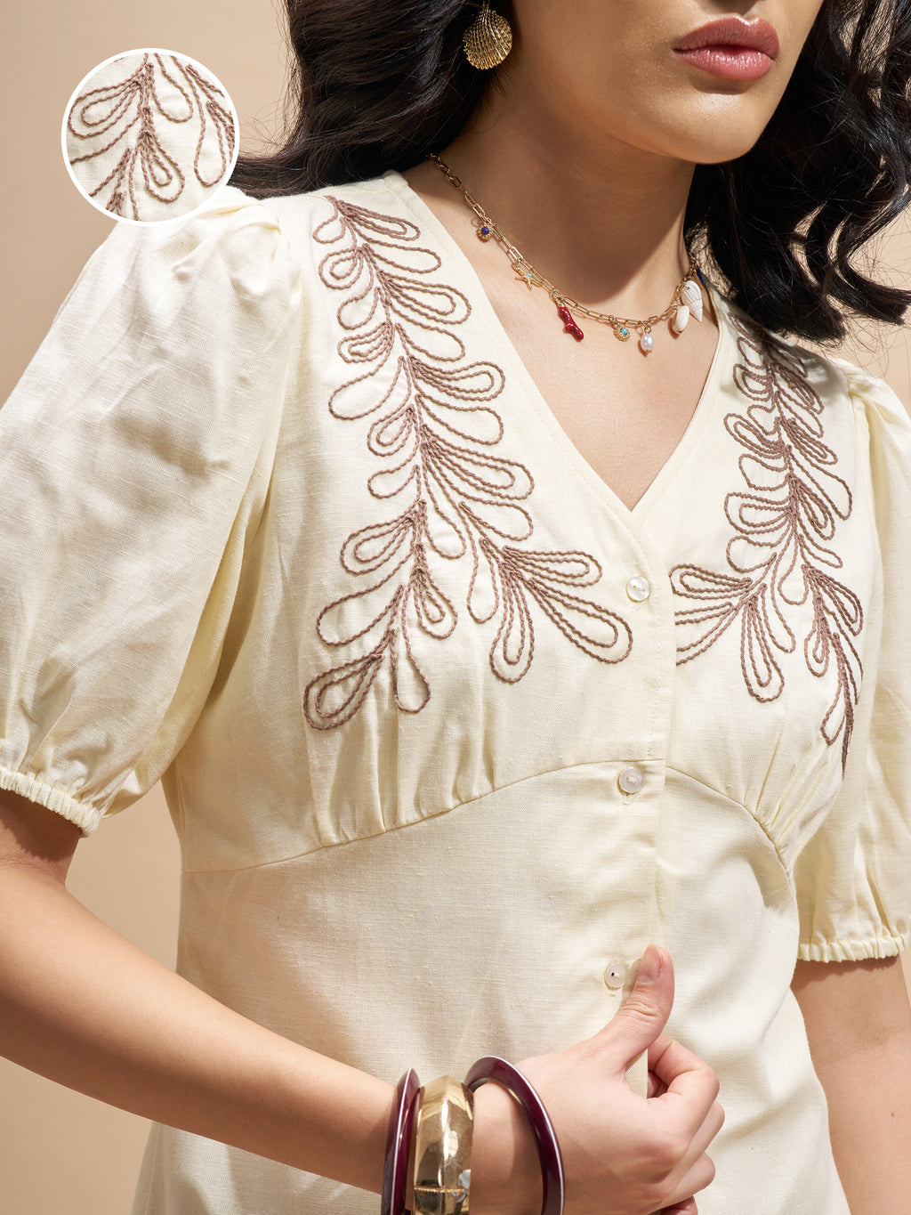 Vara By Vishudh Women Cream Embroidered Bodycon Dress - Cream - Image 5